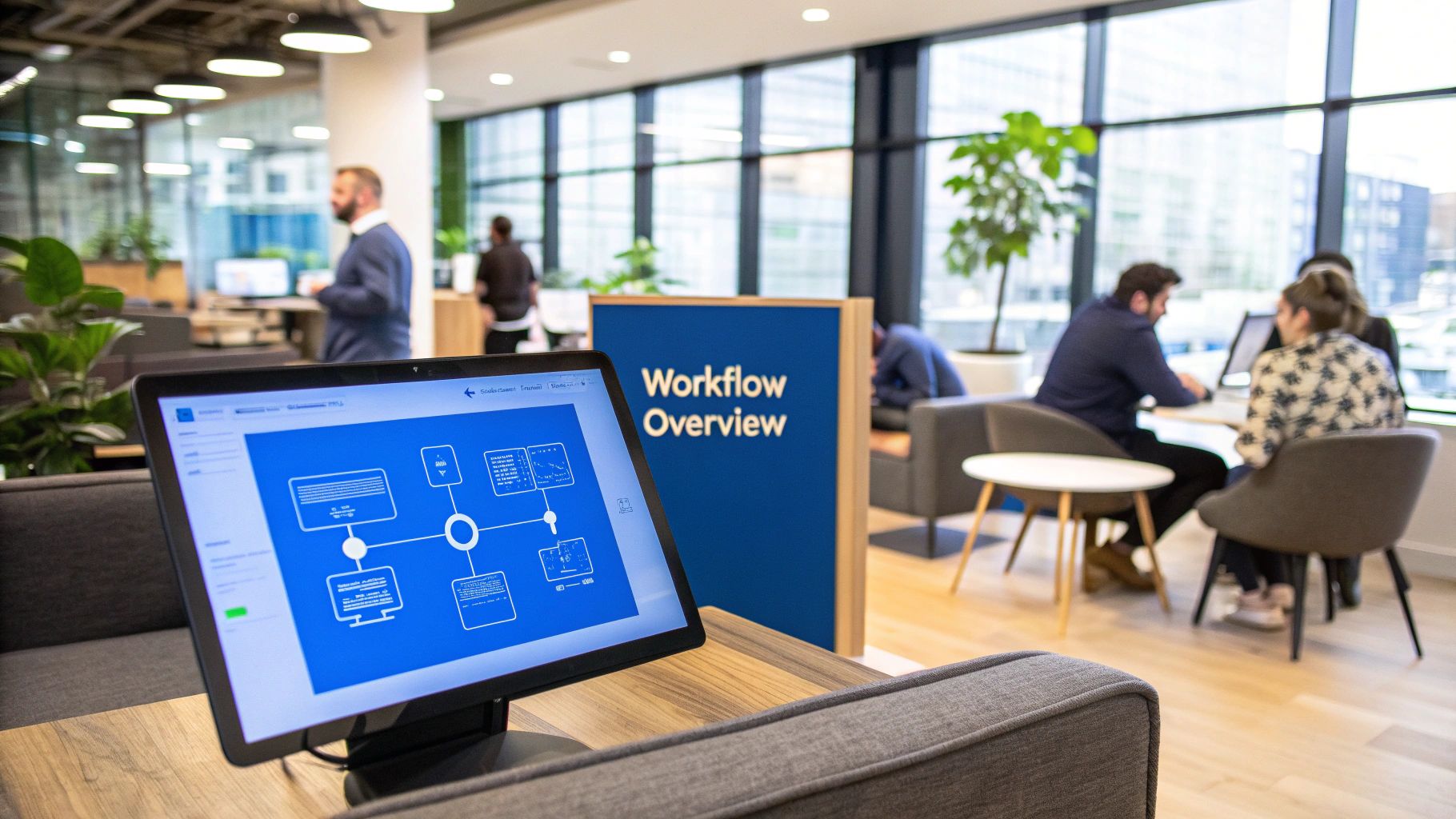 A team collaborating around a digital dashboard, illustrating the central hub nature of marketing workflow management software.