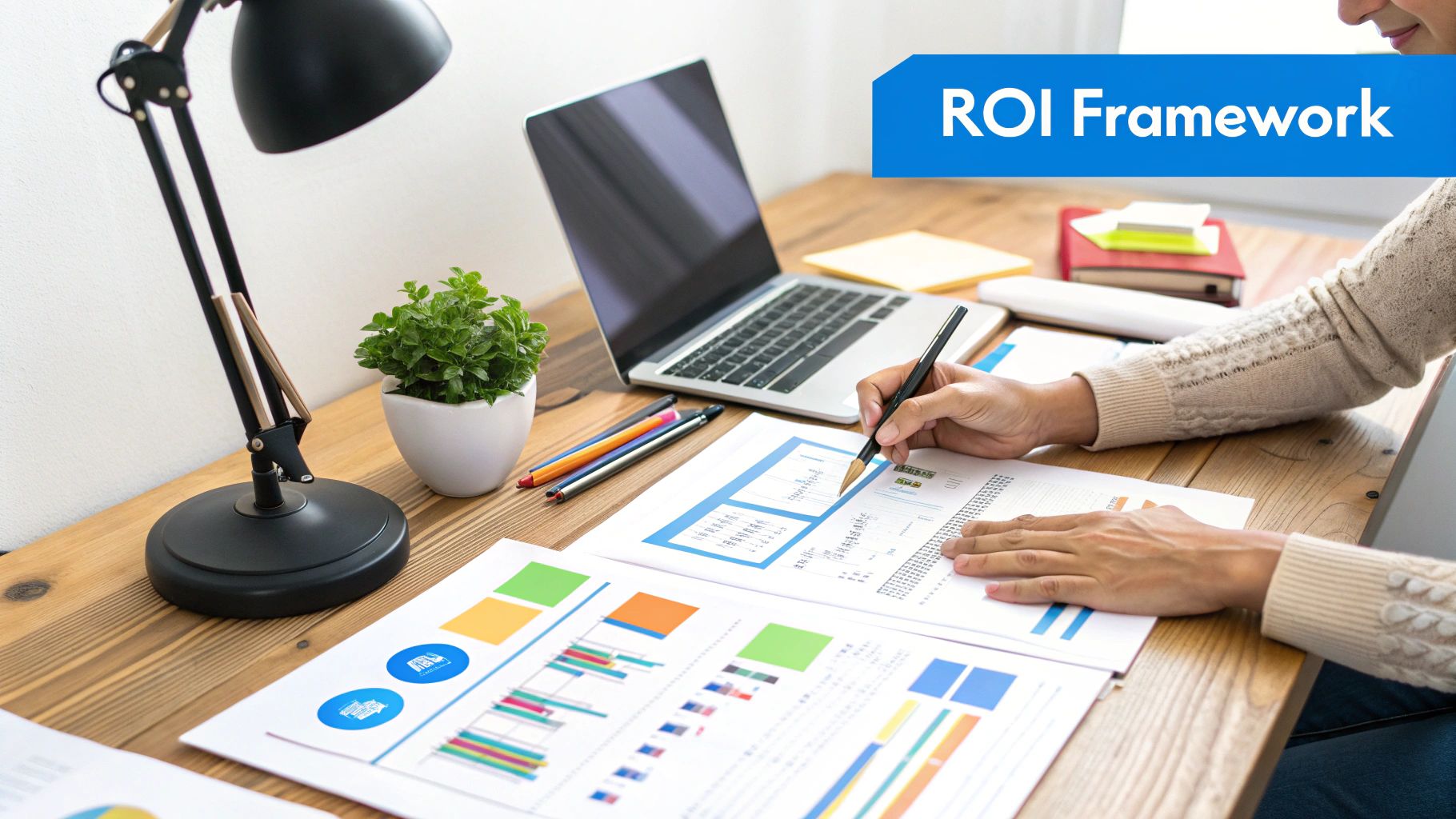 A person using a calculator with graphs and charts in the background, symbolizing financial analysis and ROI measurement.