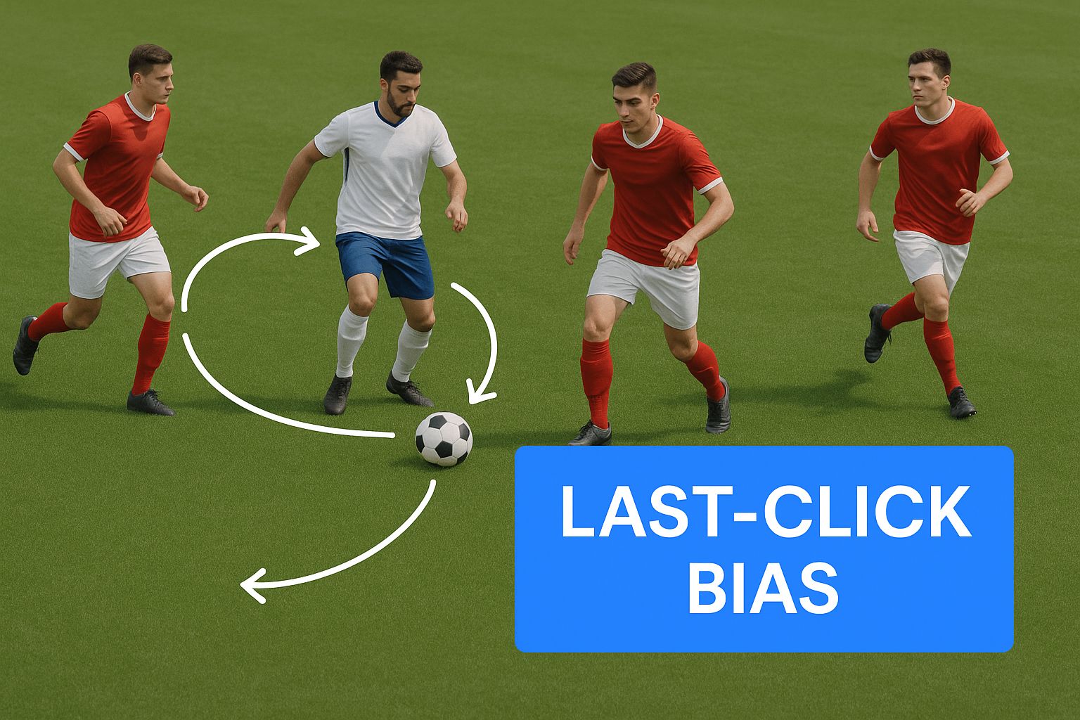 Infographic of a soccer team coordinating passes, with a text block highlighting 'Last-Click Bias'.