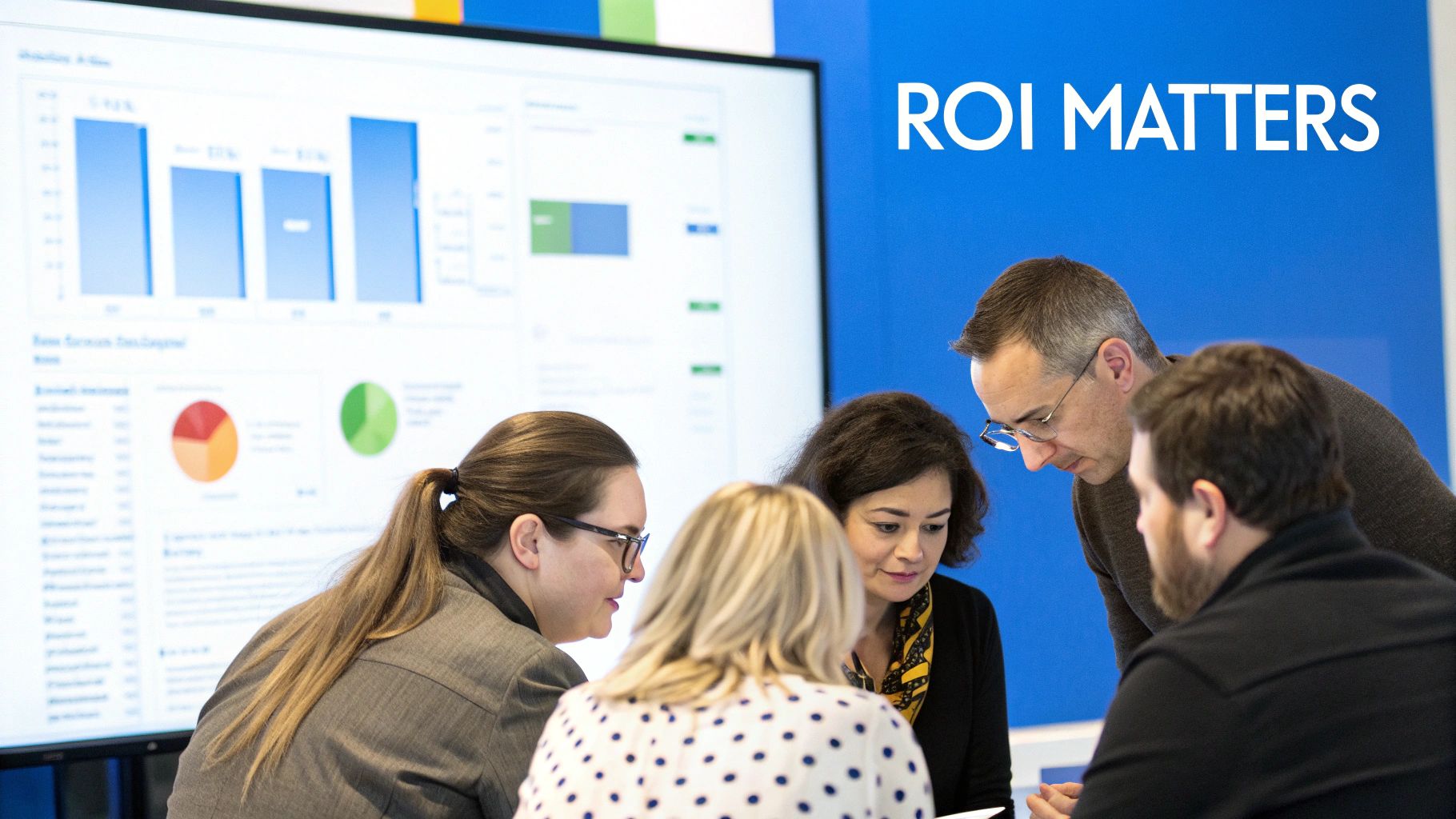A focused digital marketer analyzing performance dashboards on multiple screens to track marketing ROI.