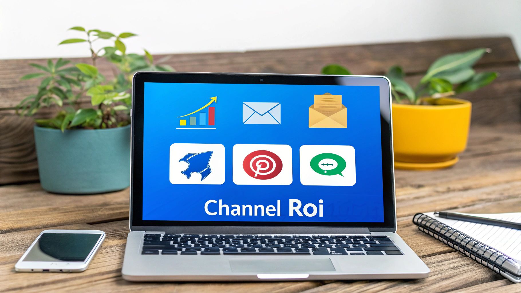 A marketing team collaborating around a table, analyzing charts and graphs from different marketing channels on a large screen.