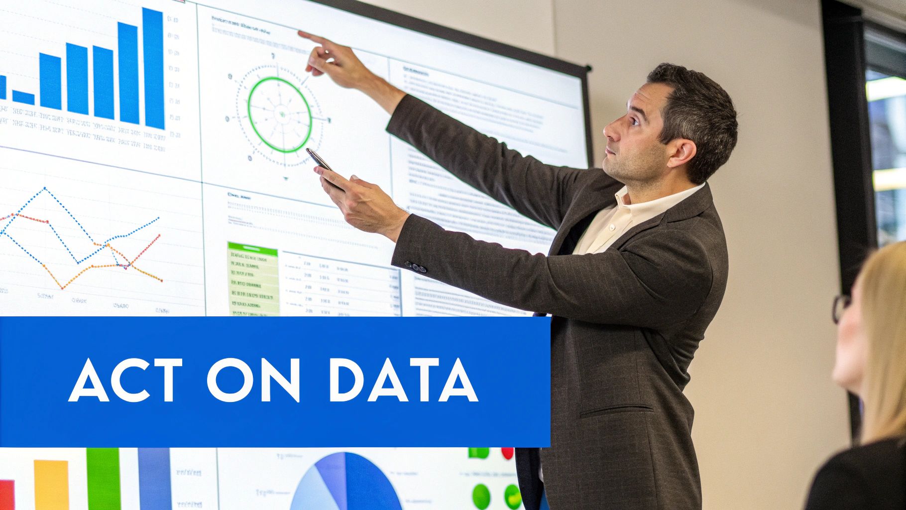 A team of marketers analyzing charts on a large screen, discussing strategies and making decisions.