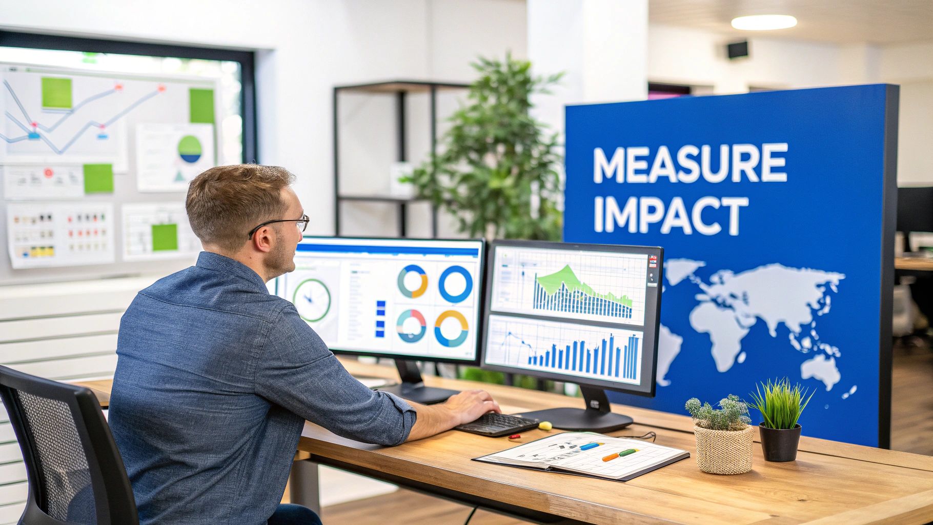 A person pointing at a digital dashboard displaying various marketing analytics charts and graphs.