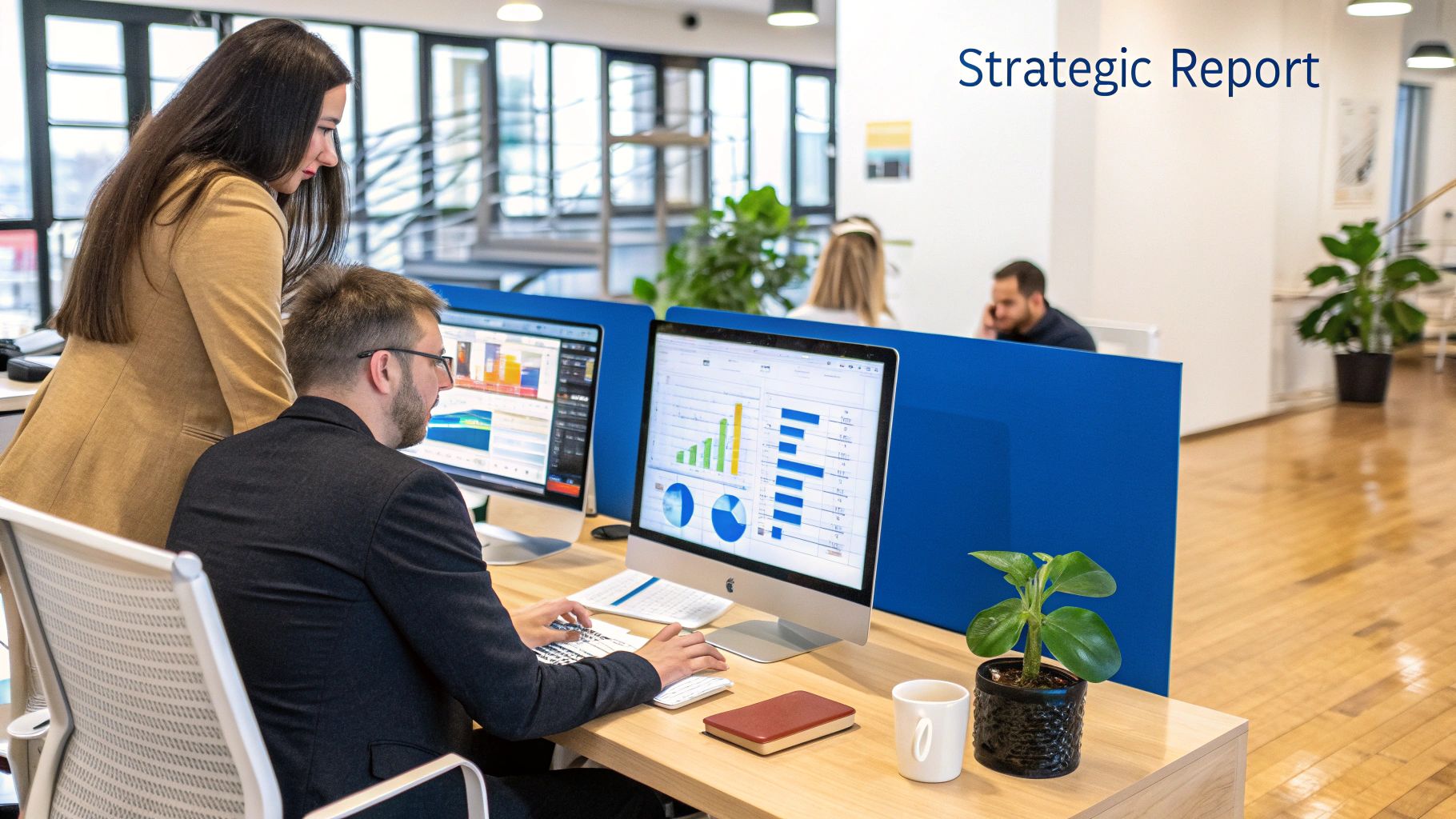 A team analyzing charts and graphs on a digital marketing report