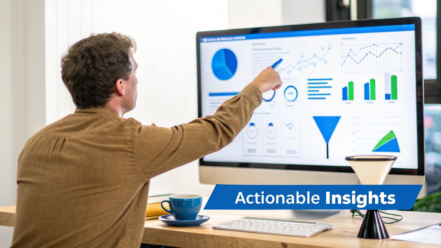 A person pointing at a screen with charts and graphs, analyzing data