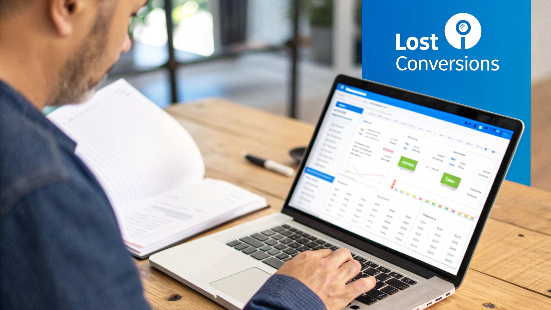 A close-up shot of a computer screen displaying a complex data analytics dashboard with colorful graphs and charts, illustrating the intricacies of tracking Facebook ads.