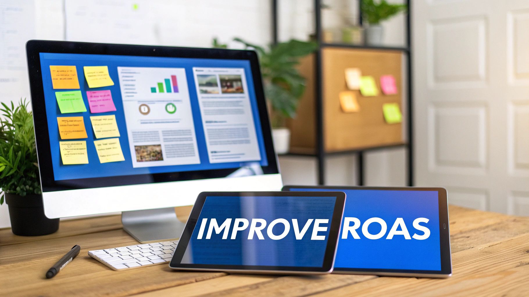 A person at a desk pointing at a screen with charts and graphs, indicating strategy and improvement.