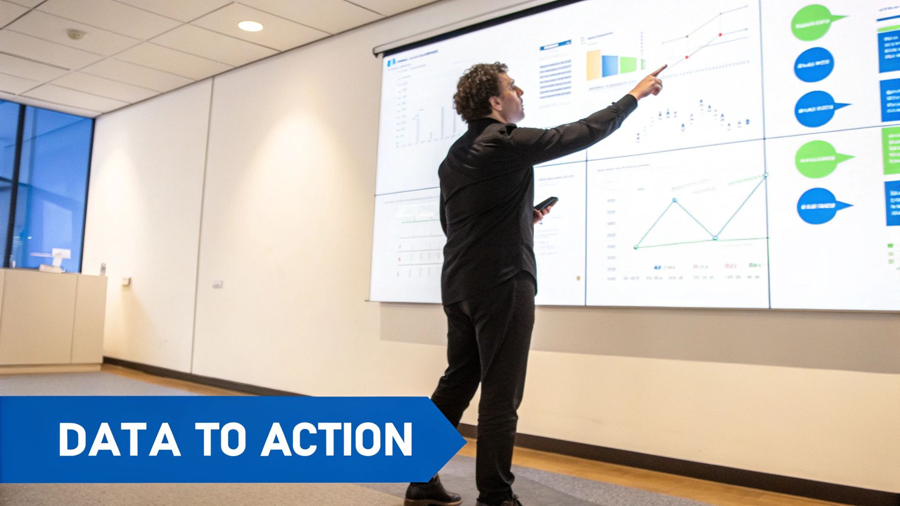 A magnifying glass hovering over various digital charts and graphs on a computer screen, representing data analysis.