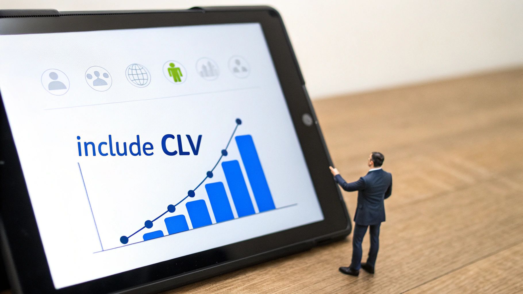 An upward-trending graph with various marketing icons, symbolizing advanced growth and strategic analysis.