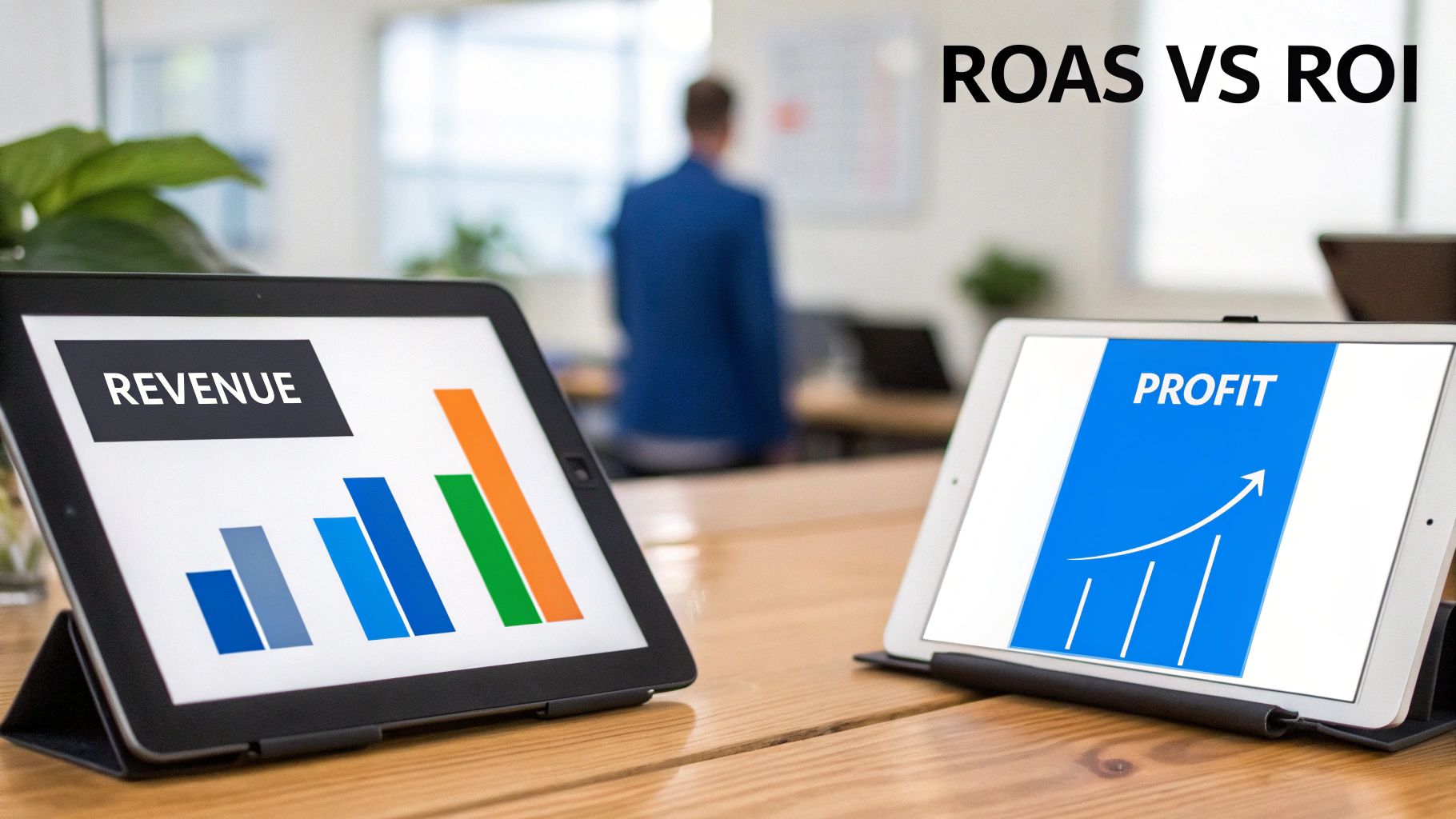 A split image showing a calculator with the word ROAS on one side and a piggy bank with ROI on the other, symbolizing the difference between ad spend efficiency and overall investment profit.