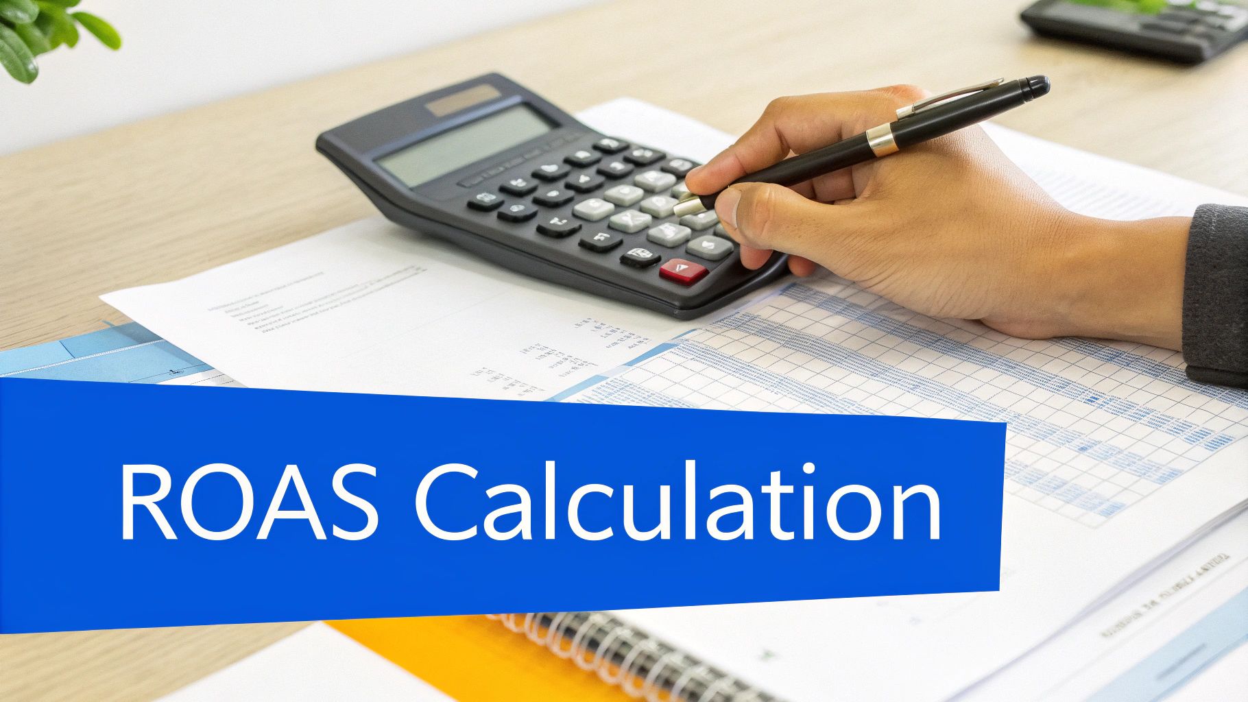 An image showing a notepad with calculations for ROAS and ROI, a calculator, and coffee, illustrating the process of financial analysis for marketing campaigns.