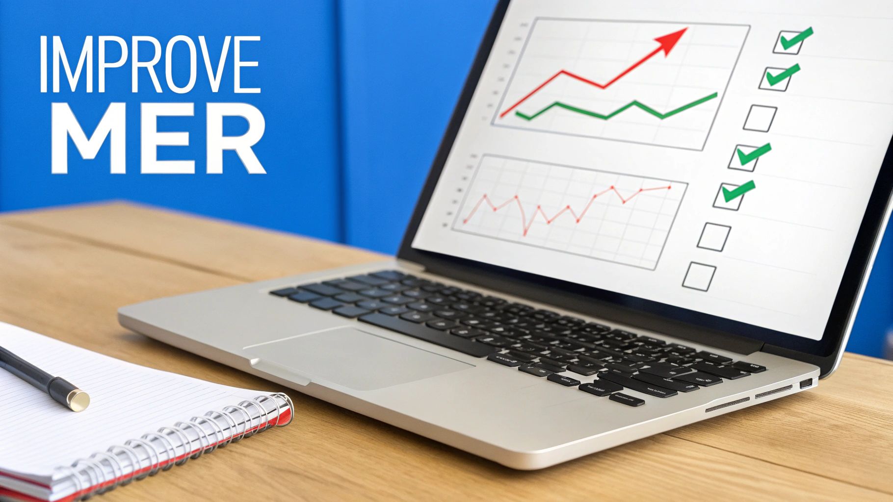 A person at a desk with charts and graphs, pointing to a screen showing an upward trend, symbolizing marketing optimization