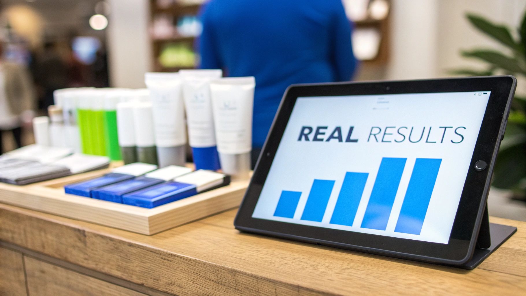 A marketer pointing at a graph on a screen showing a significant upward trend, illustrating successful incrementality measurement.