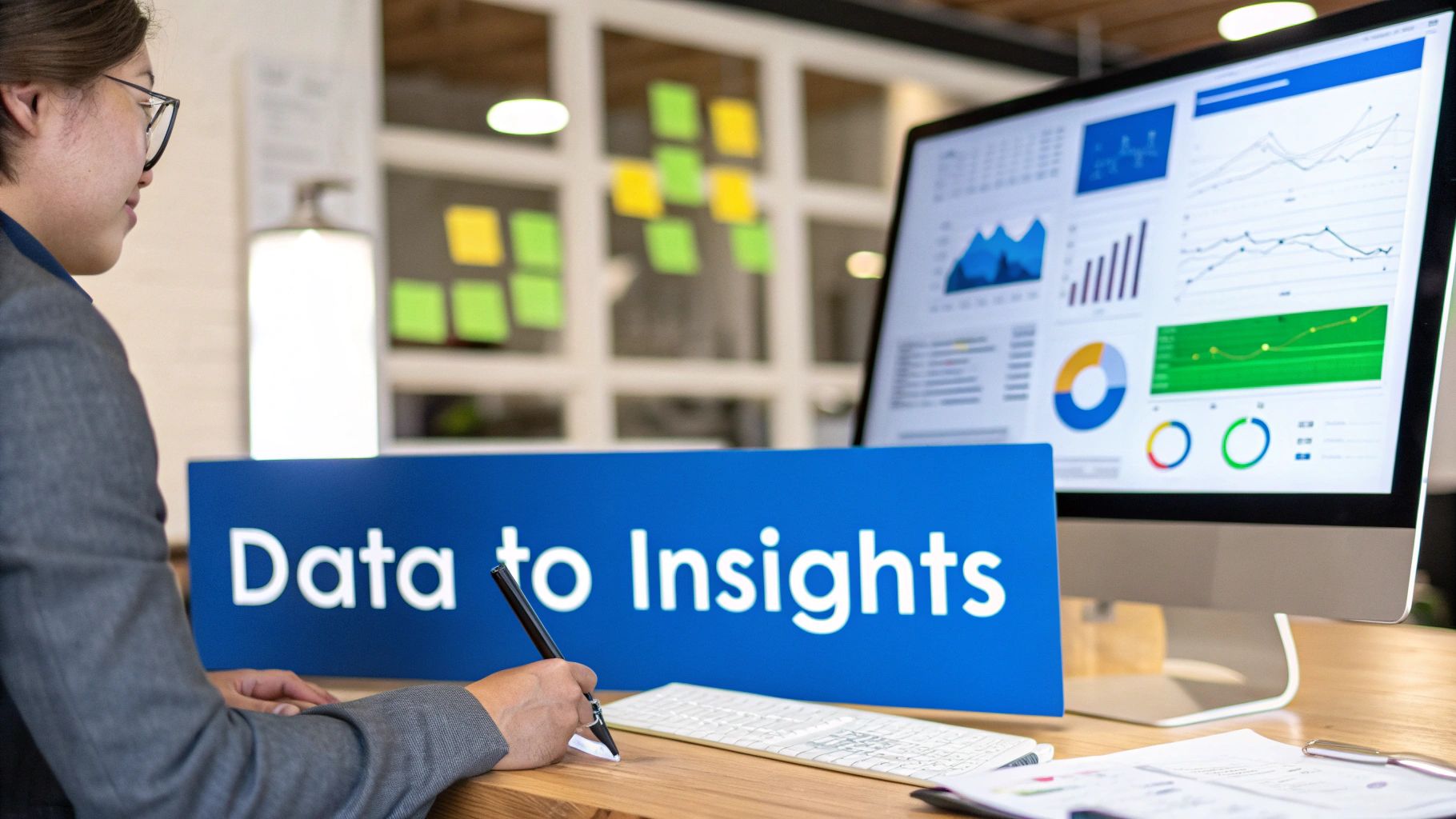 A person analyzing complex charts and graphs on a large screen, symbolizing the process of turning ad data into insights.