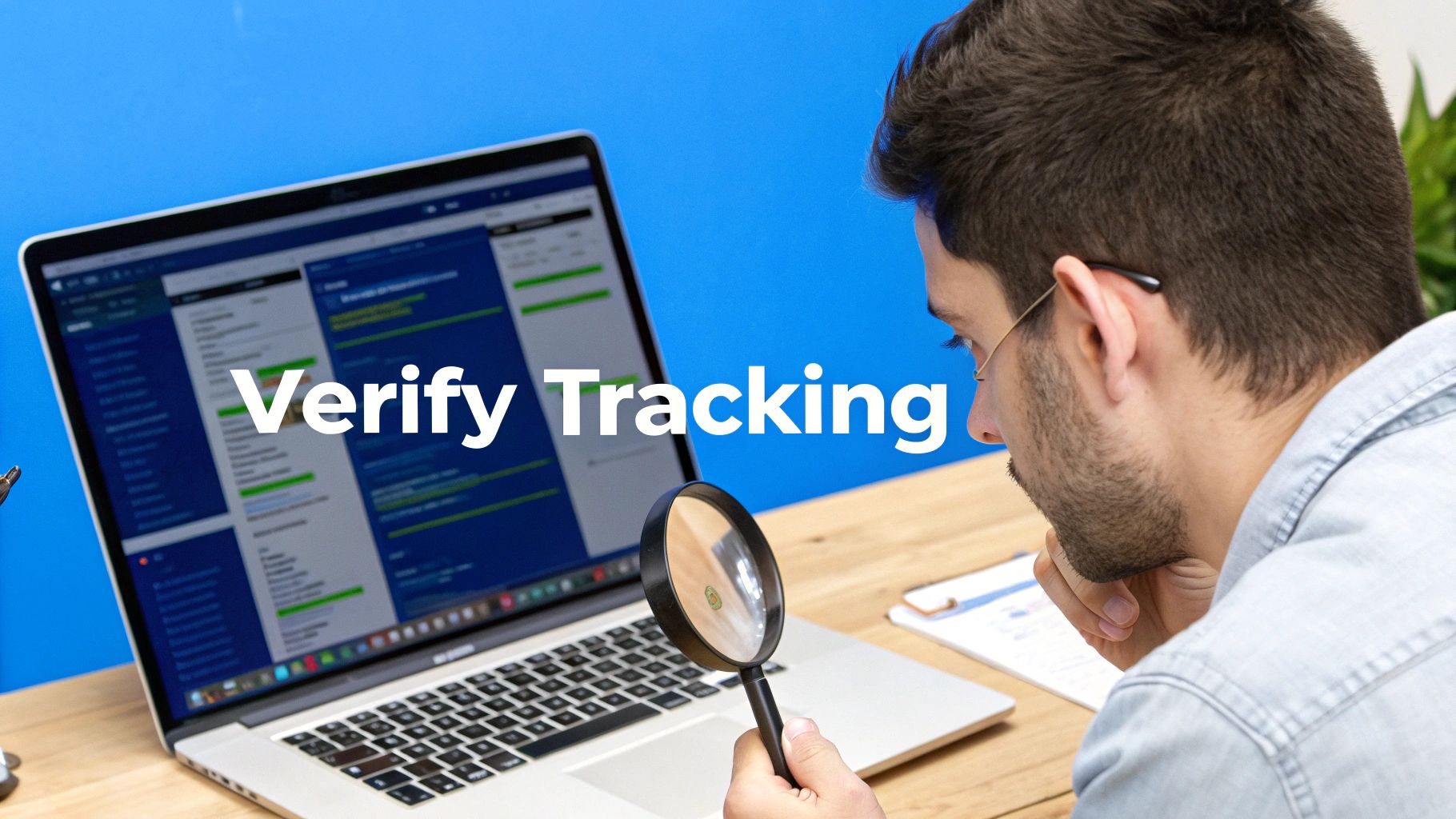 A magnifying glass hovering over computer code, representing the process of troubleshooting and verifying a tracking setup.