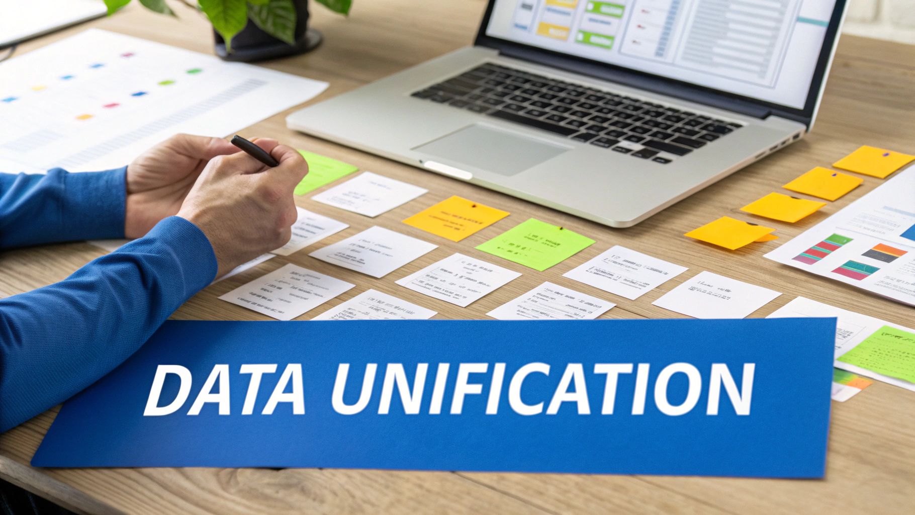 A person navigating a maze with data points, symbolizing marketing attribution challenges