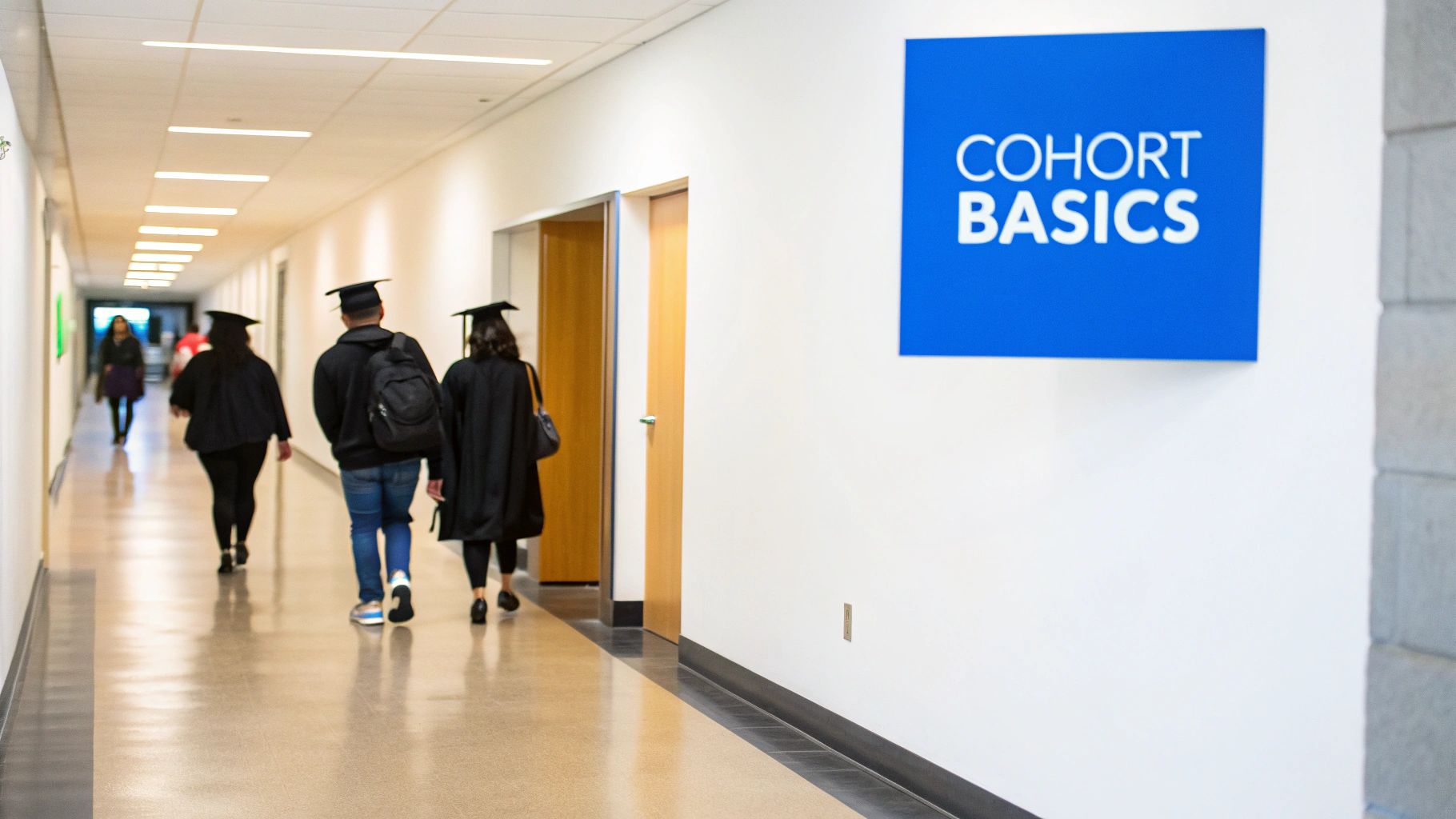 A group of diverse professionals analyzing charts and data on a screen, representing cohort analytics in action.