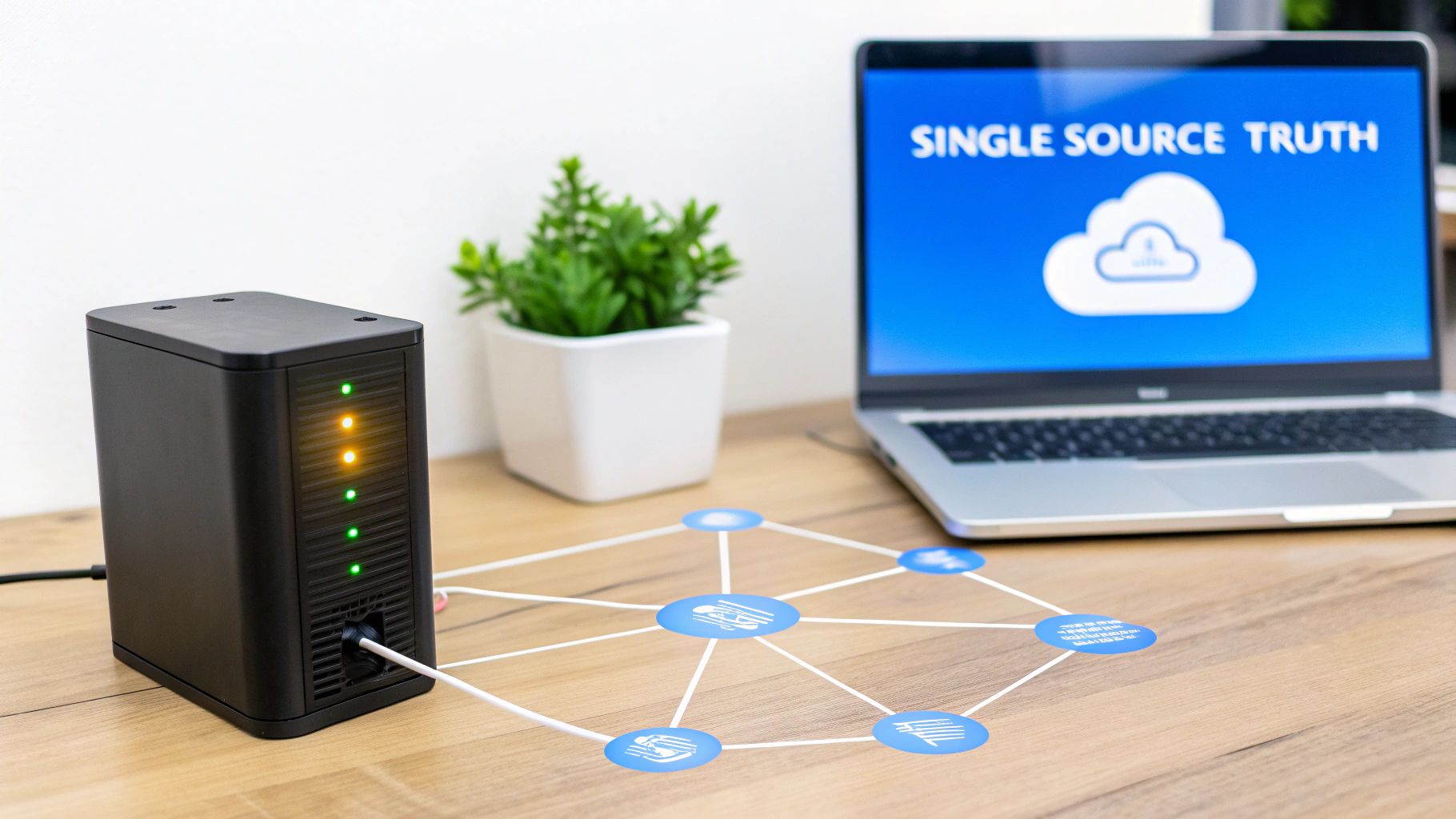 Four diverse team members collaborating around a large screen displaying a unified marketing analytics dashboard with charts and graphs.
