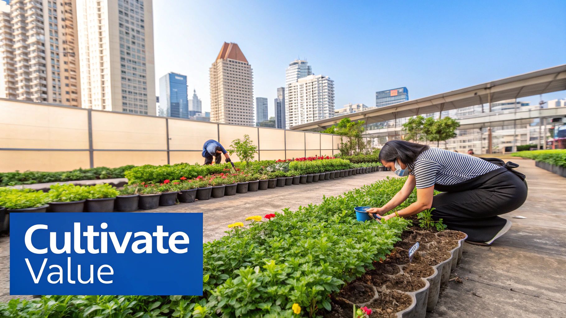 A gardener tending to a vibrant plant, symbolizing the cultivation of customer relationships for long-term growth.