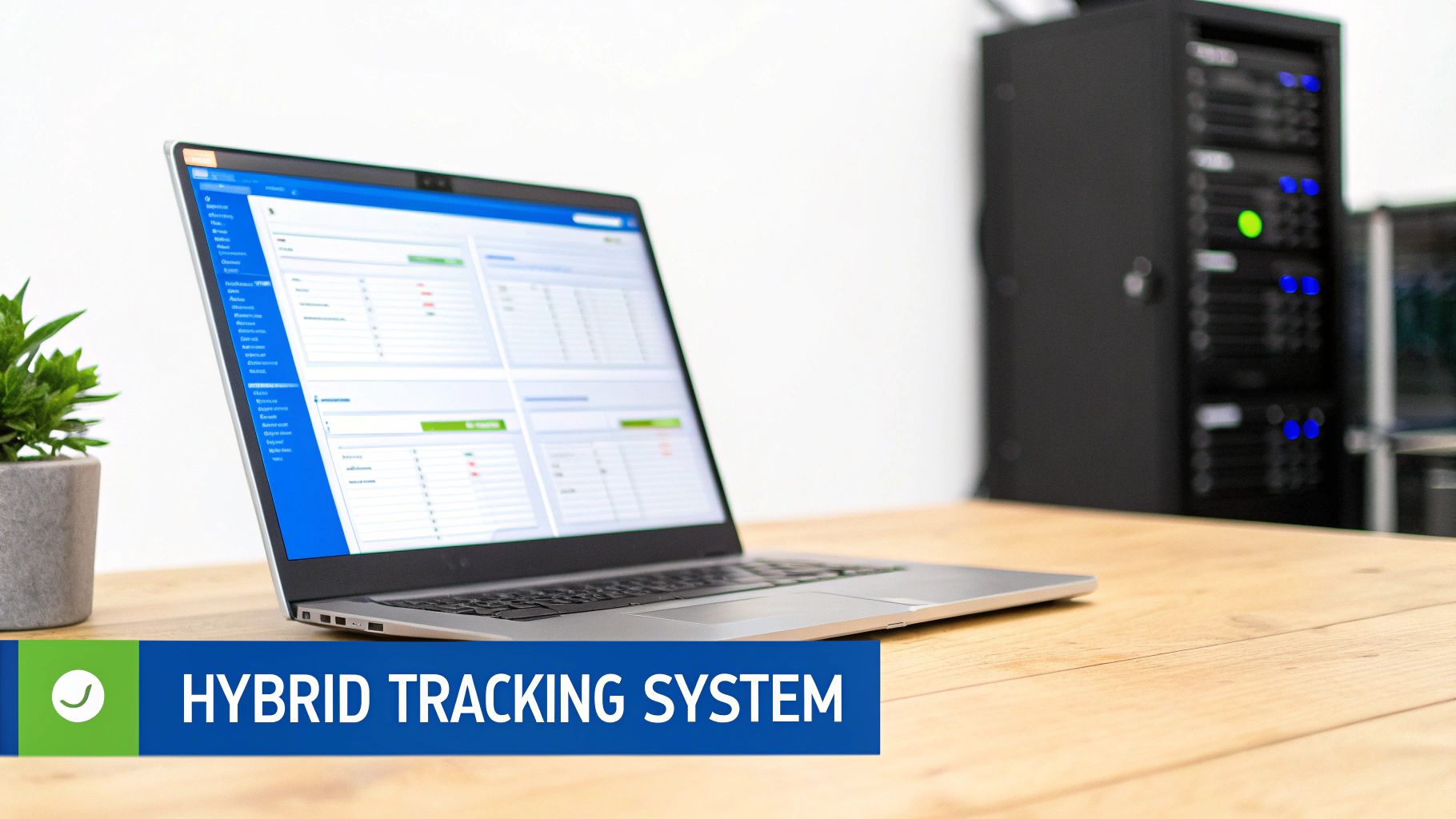 Laptop displaying hybrid tracking system dashboard on wooden desk with server rack background