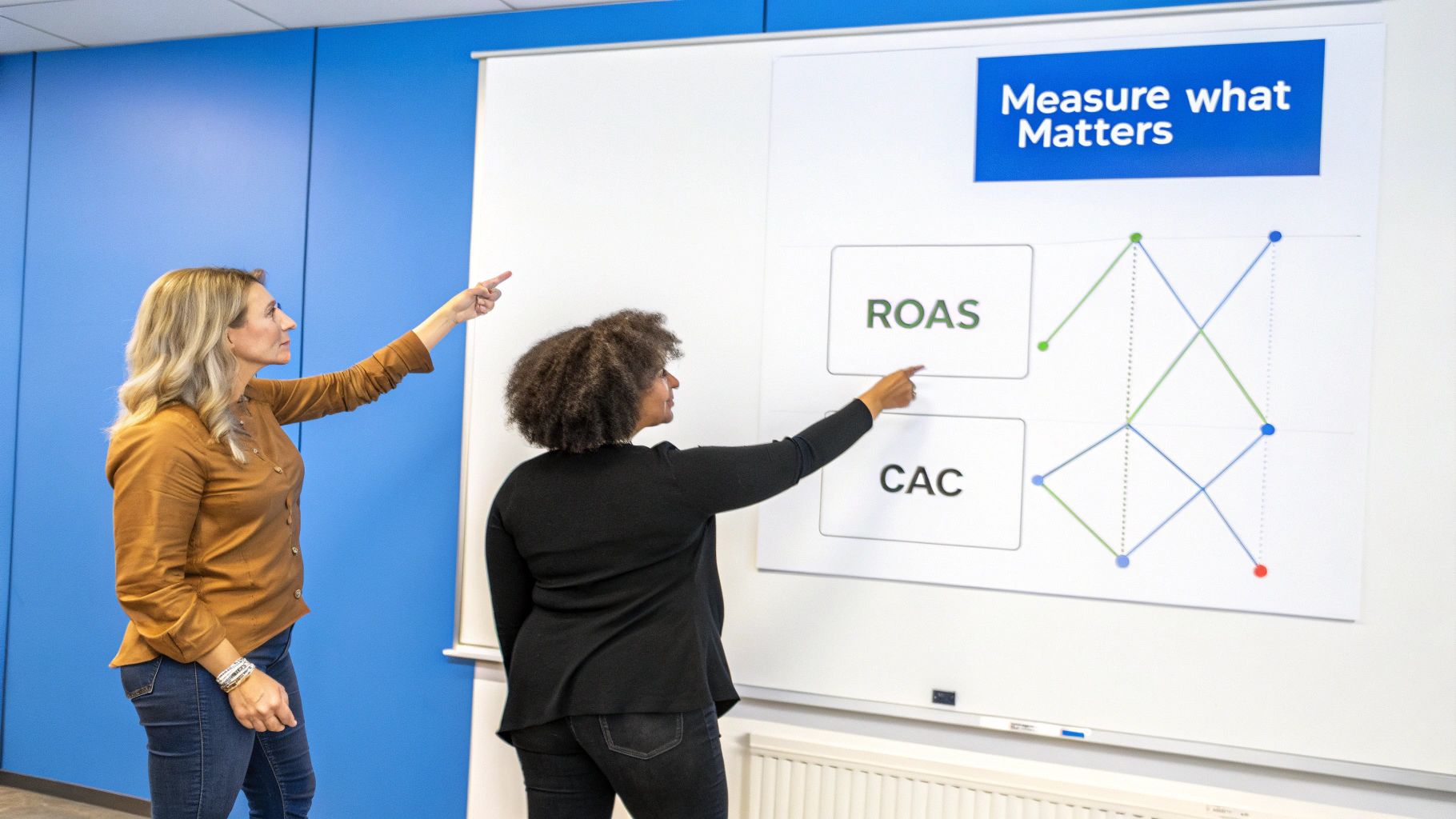 Two businesswomen presenting ROAS and CAC metrics on whiteboard with crossing trend lines graph