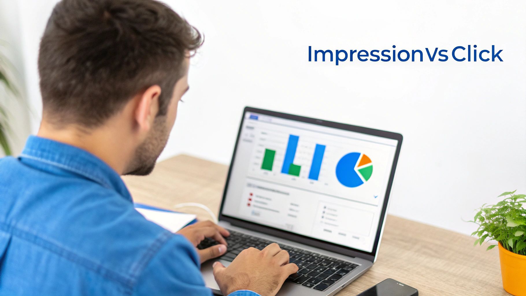 Digital marketer analyzing impression versus click data on laptop showing colorful bar charts and pie graphs