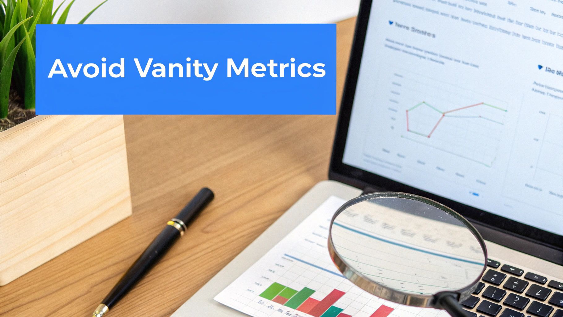 Business analytics dashboard on laptop with magnifying glass examining vanity metrics data and charts