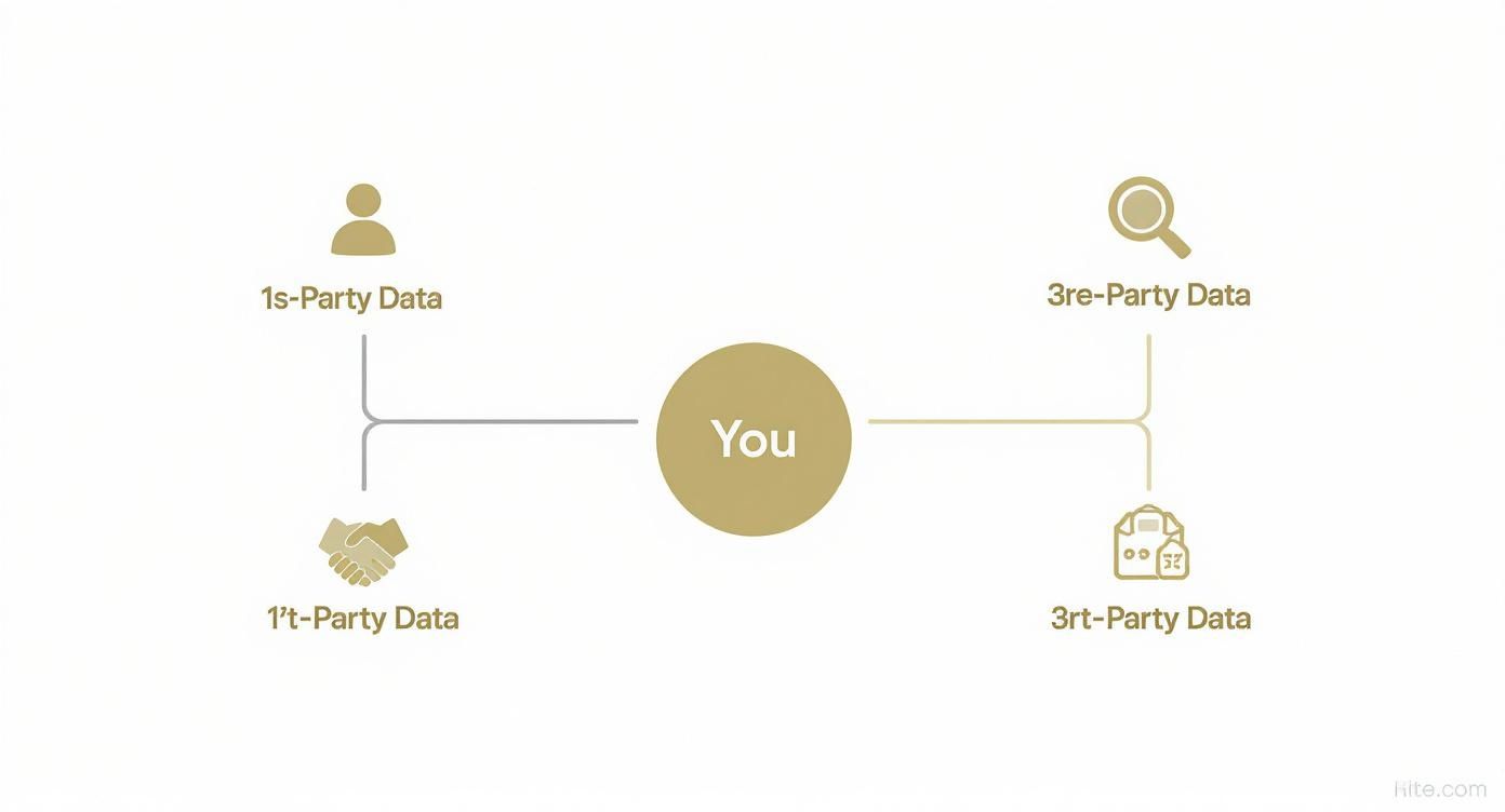Diagram showing four types of data sources: first-party, second-party, third-party, and retail data centered around user