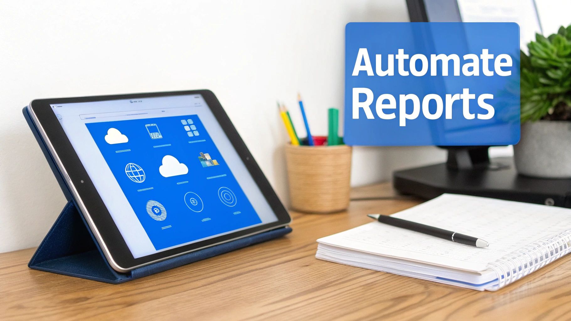A desk with a tablet displaying digital icons, a notebook, and a sign for 'Automate Reports'.