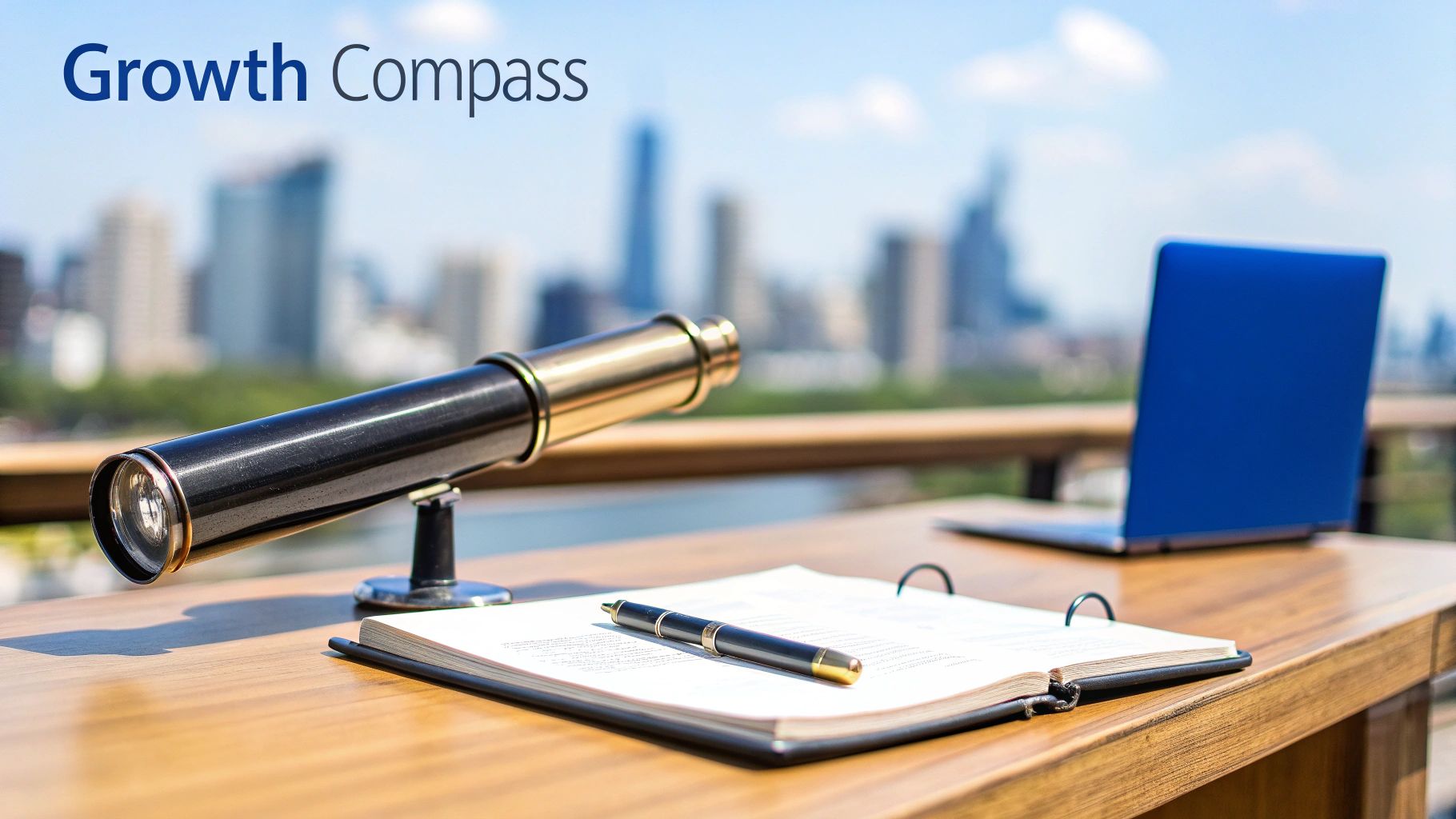 A telescope and notebook on a balcony table overlooking a city, with text "Growth Compass".