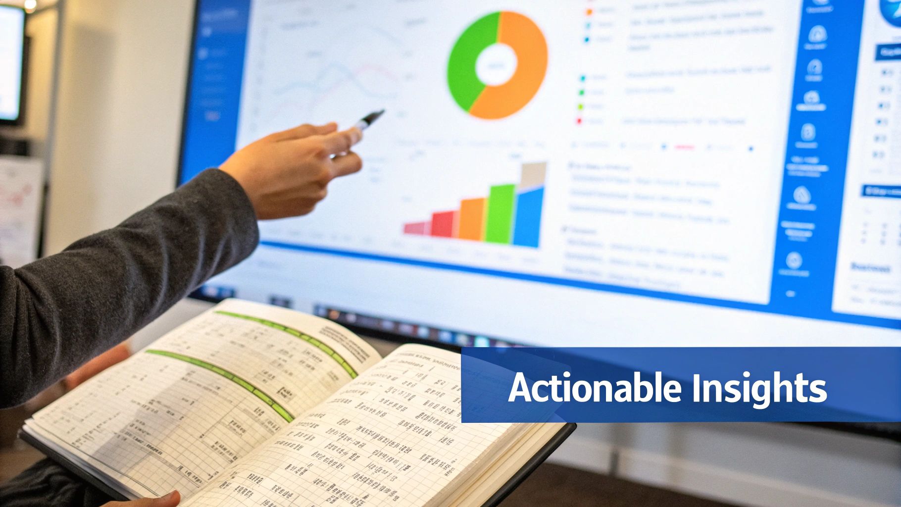 A person points at a large screen displaying marketing data charts and graphs, holding a notebook.