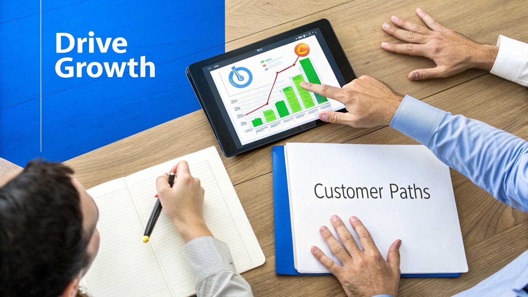 Three people collaborate around a table, analyzing a growth chart on a tablet and a 'Customer Paths' document.