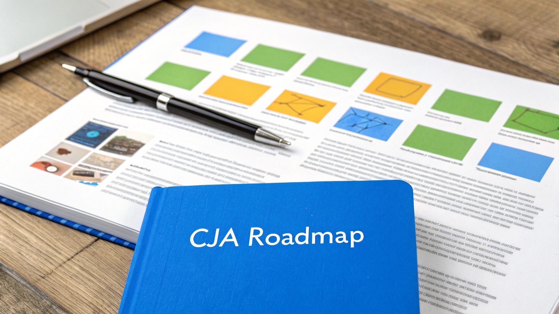 A blue "CJA Roadmap" book with an open report showing data visualizations and a pen on a wooden desk.