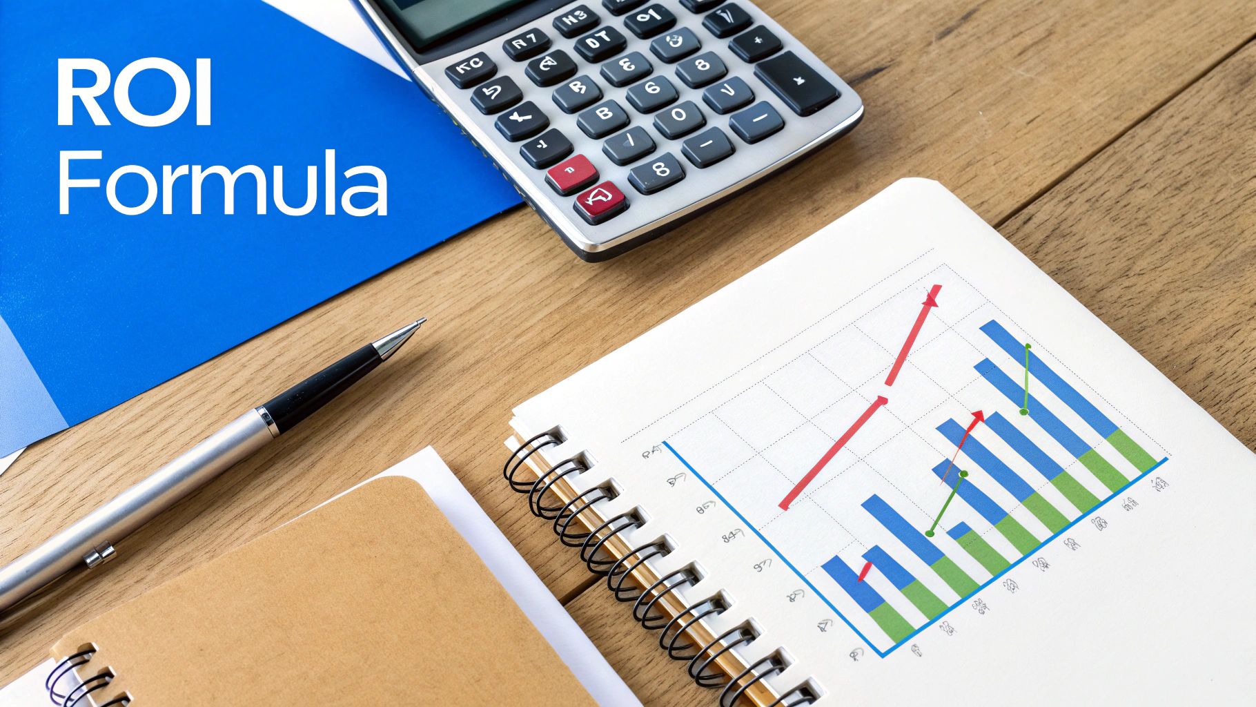 Workspace with 'ROI Formula' on a blue folder, a calculator, pen, and a notebook displaying a financial graph.