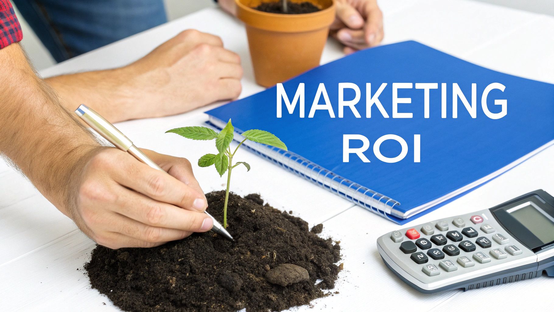 A hand writes near a small plant growing from soil, beside a 'MARKETING ROI' notebook and calculator.