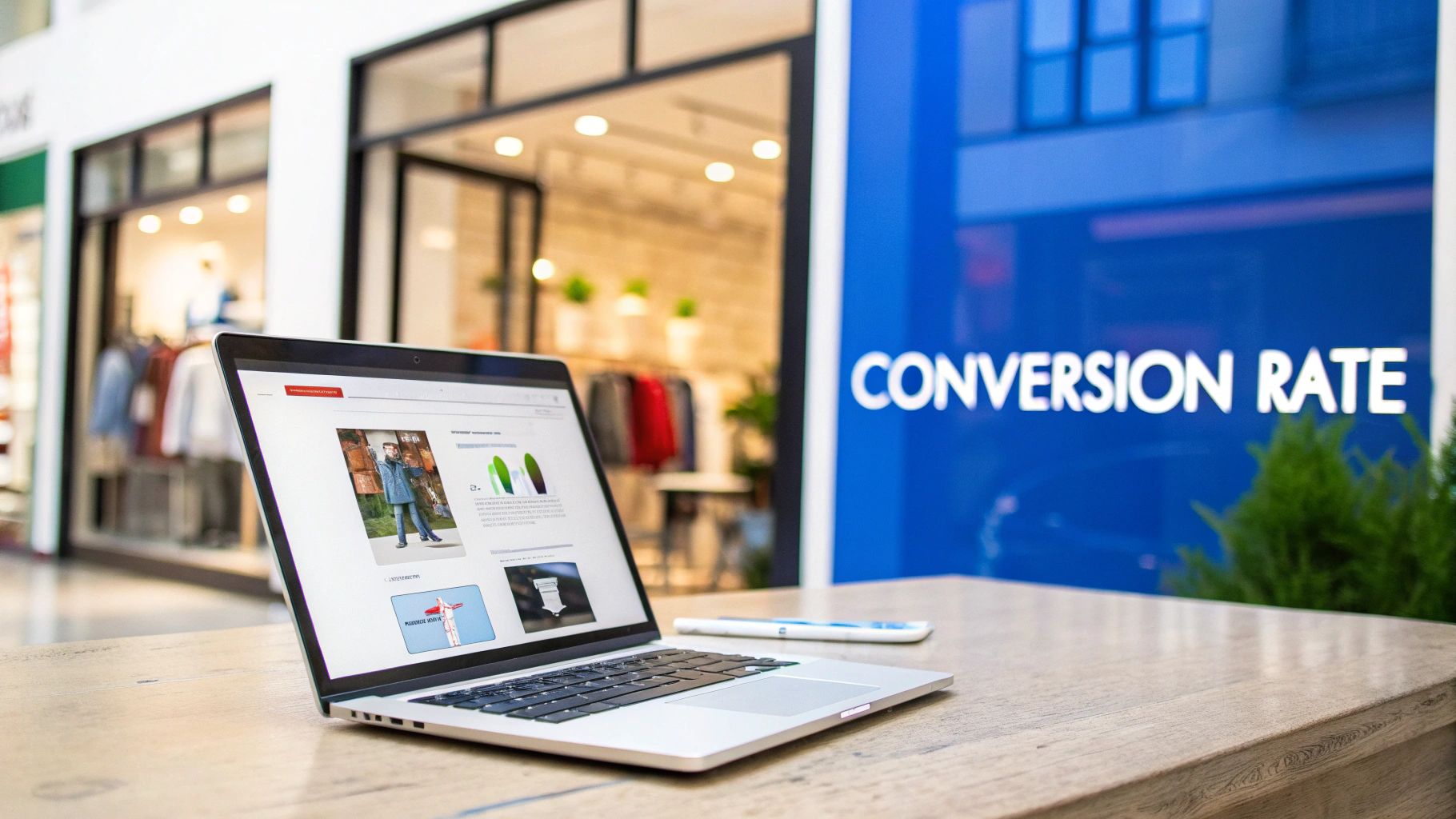 Laptop on a wooden table displaying analytics, with a 'CONVERSION RATE' sign in a modern retail setting.
