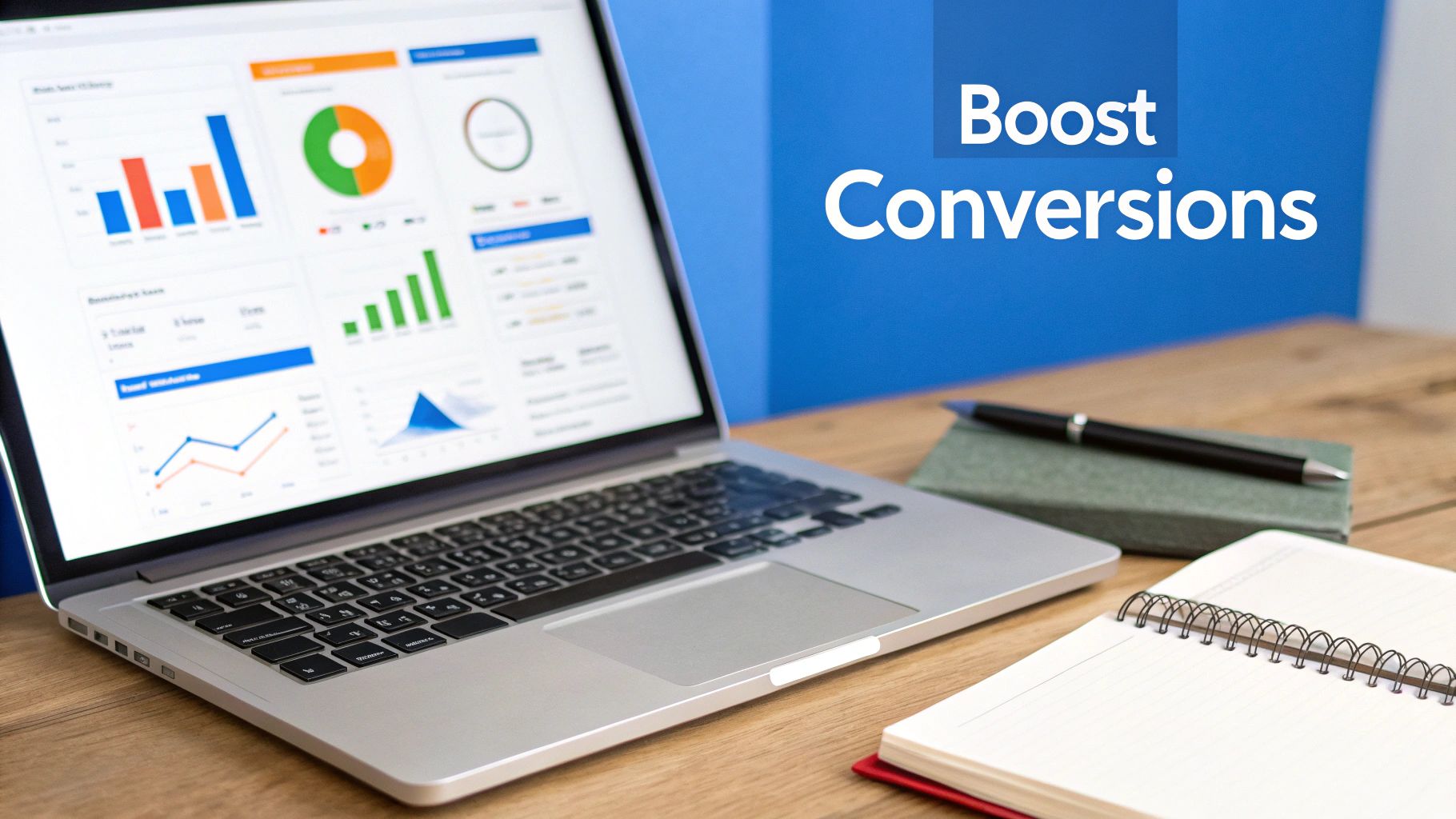 Laptop displaying sales conversion rate analytics and charts on a desk with a notebook, pen, and 'Boost Conversions' text.