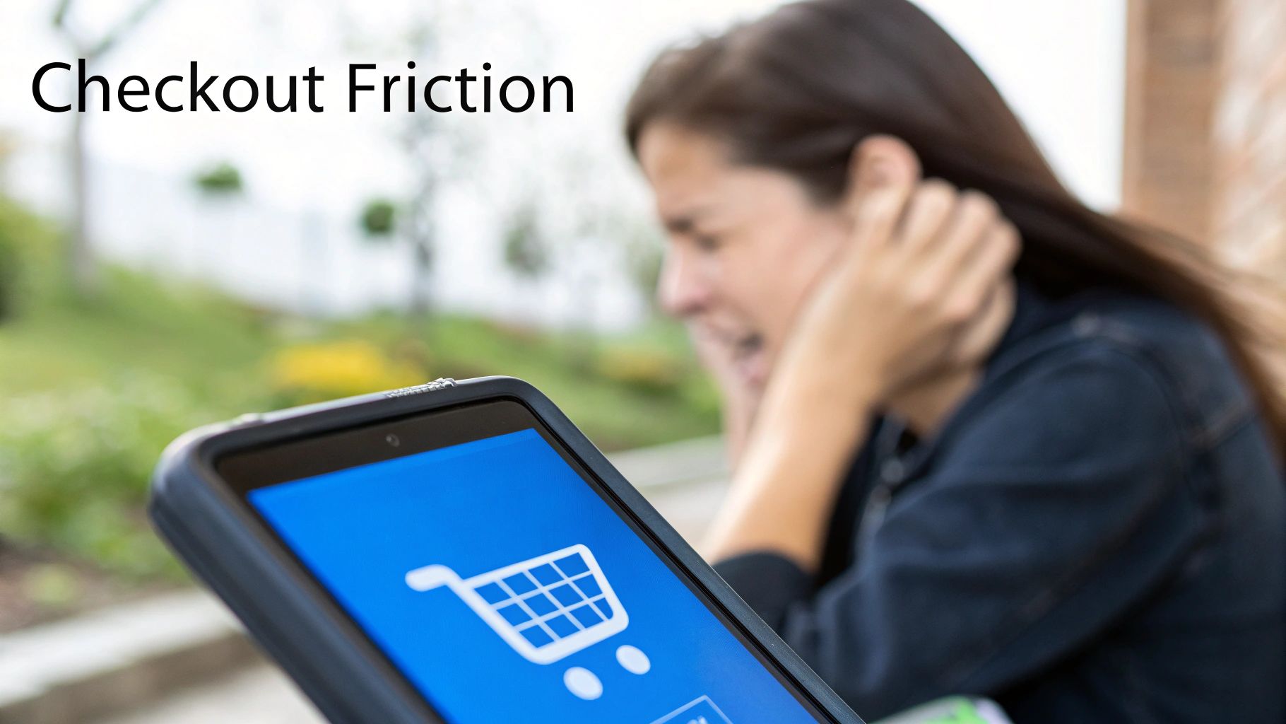 A distressed woman holding a smartphone with a shopping cart icon, representing online checkout friction.