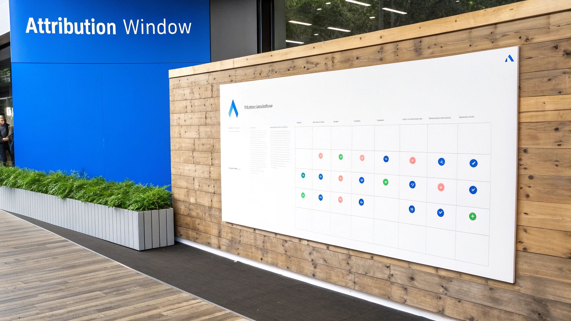 A blue wall with 'Attribution Window' and a large white board with data graphics on a wooden wall.