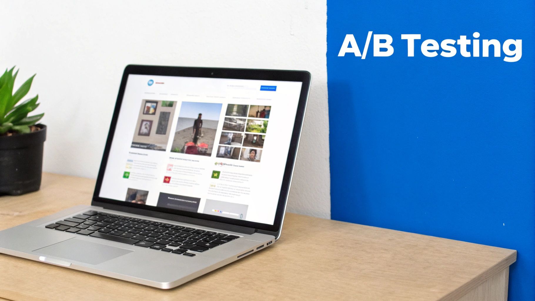 Laptop displaying web content on a wooden desk with a plant, beside a blue wall featuring 'A/B Testing'.