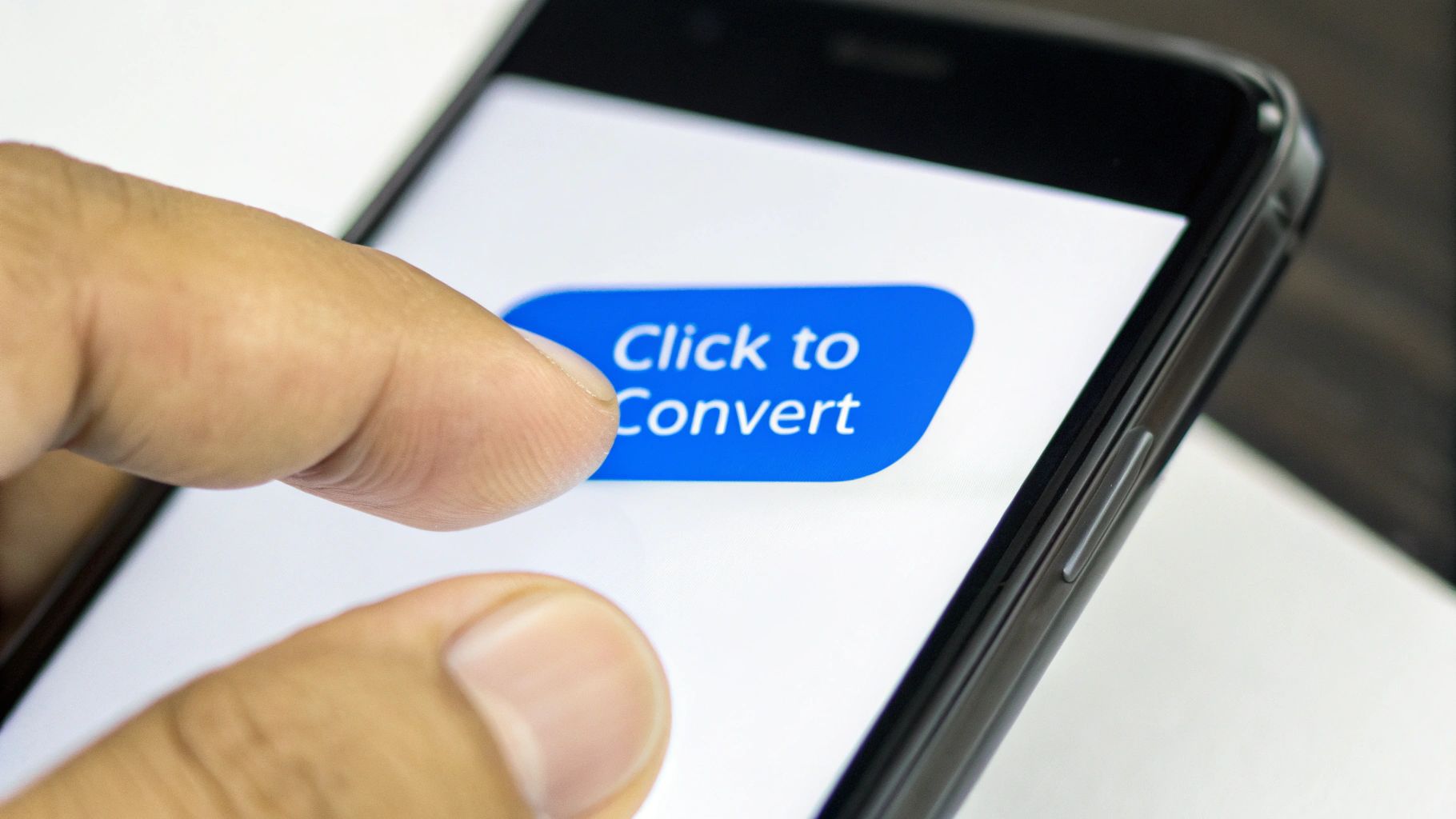 A finger presses a blue 'Click to Convert' button on a smartphone screen.