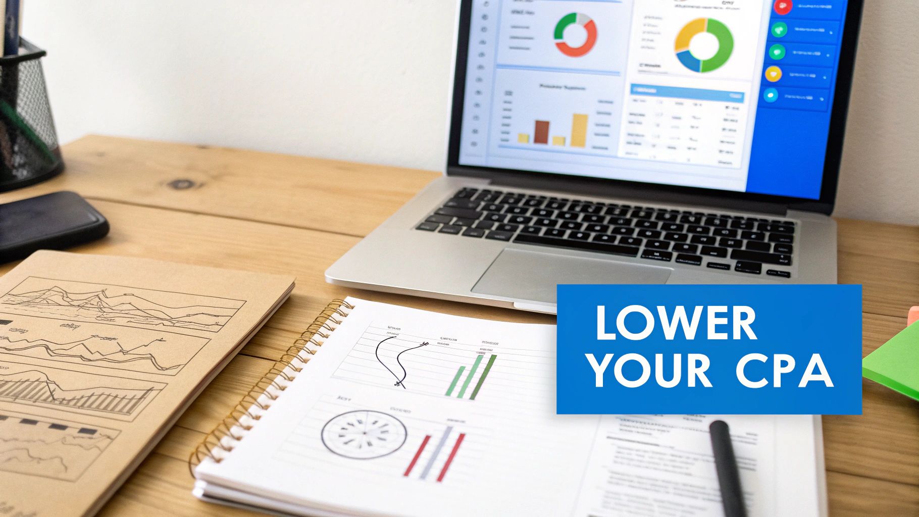 A desk with a laptop displaying financial charts and notebooks, emphasizing 'LOWER YOUR CPA'.