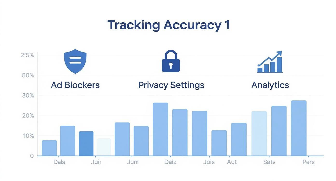 Bar chart titled 'Tracking Accuracy 1' comparing ad blockers, privacy settings, and analytics data.