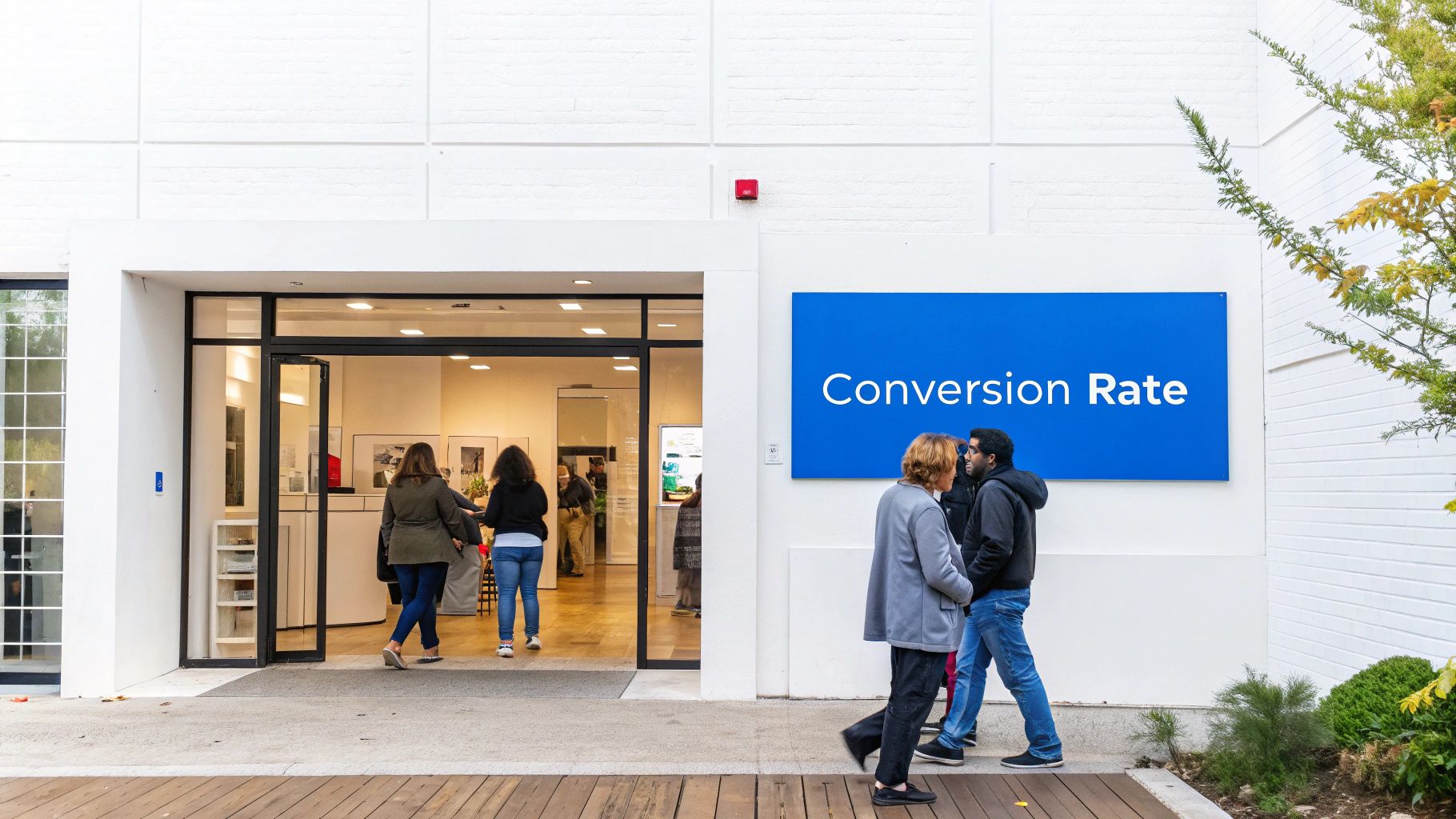 A large blue 'Conversion Rate' sign on a white building exterior with people entering.