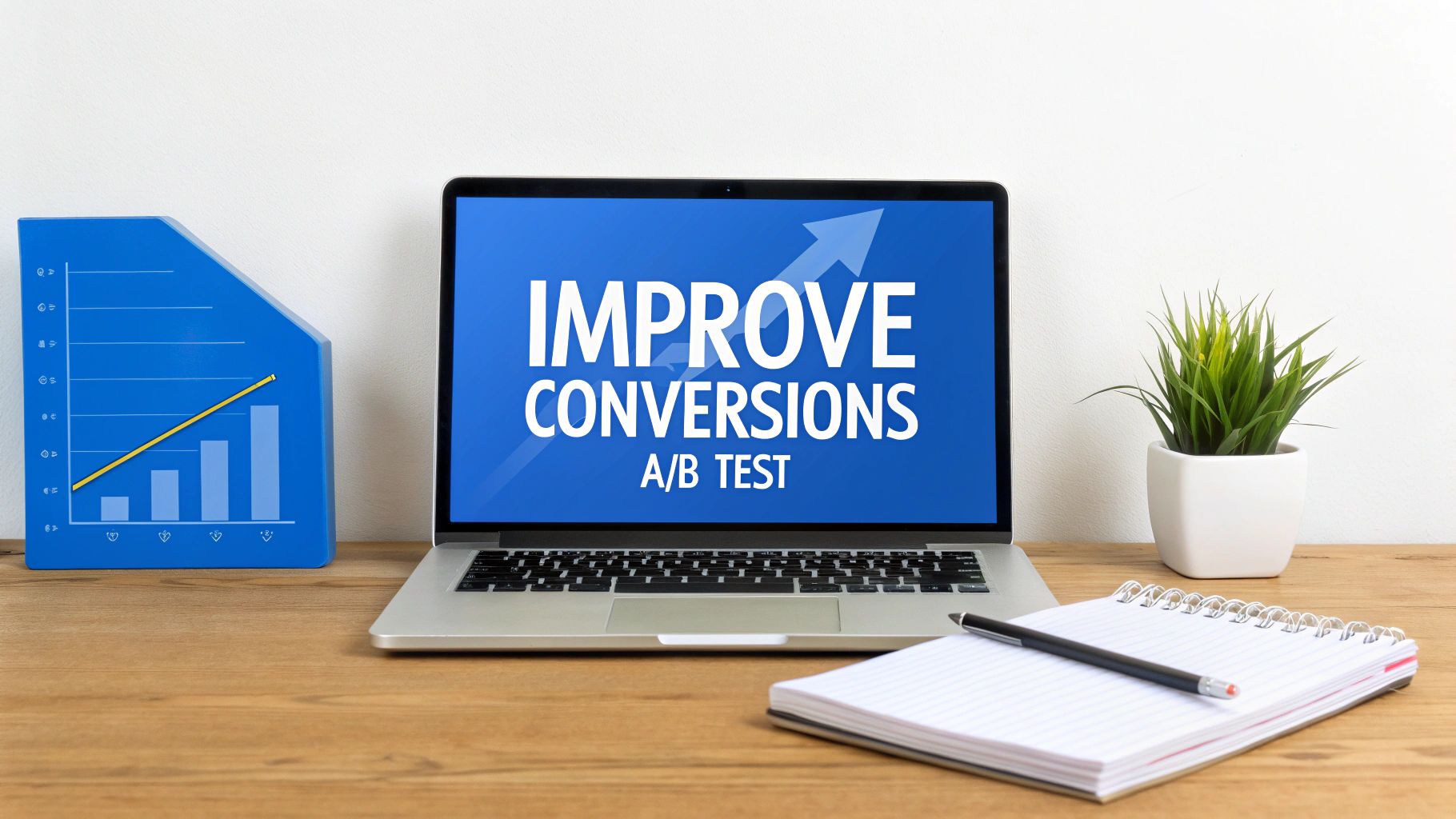 Laptop displays 'Improve Conversions A/B Test' screen on a desk with a rising bar graph.