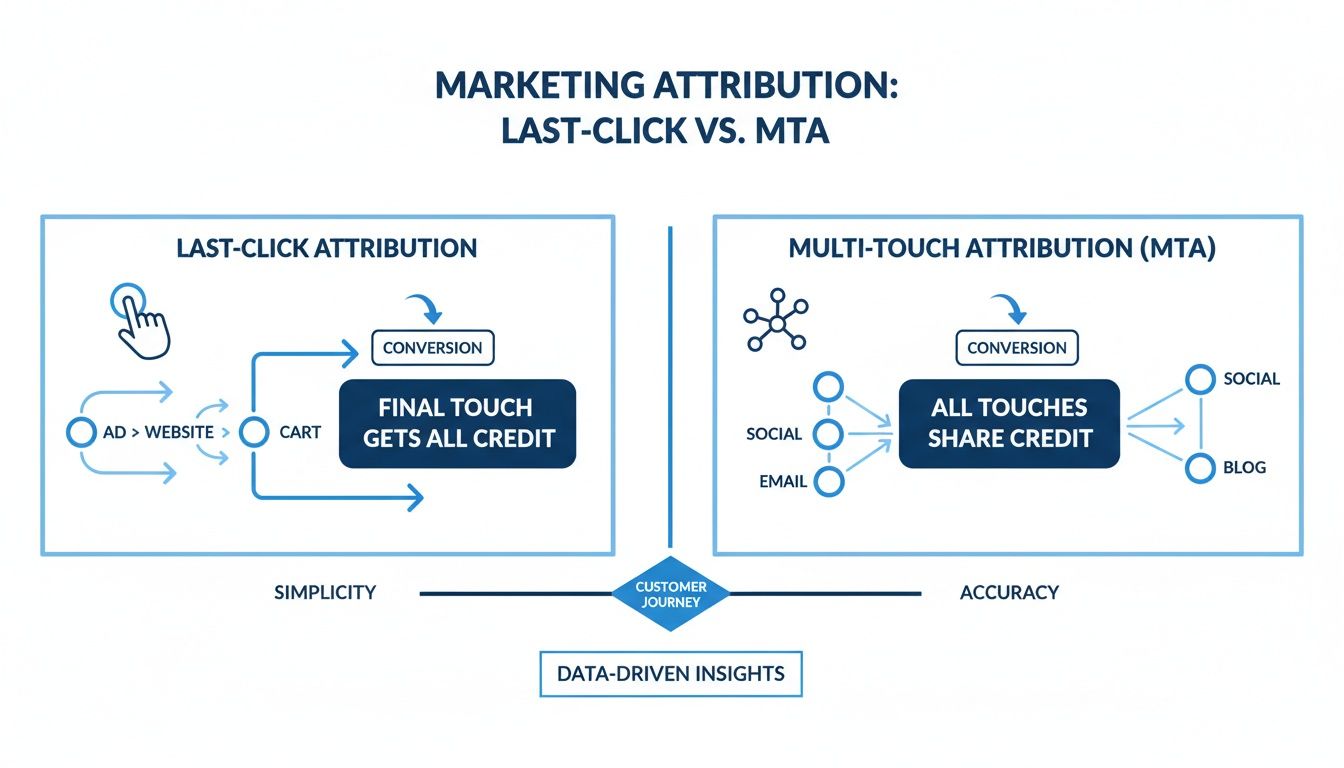 Diagram comparing Last-Click Attribution and Multi-Touch Attribution (MTA) for marketing, highlighting simplicity vs. accuracy.