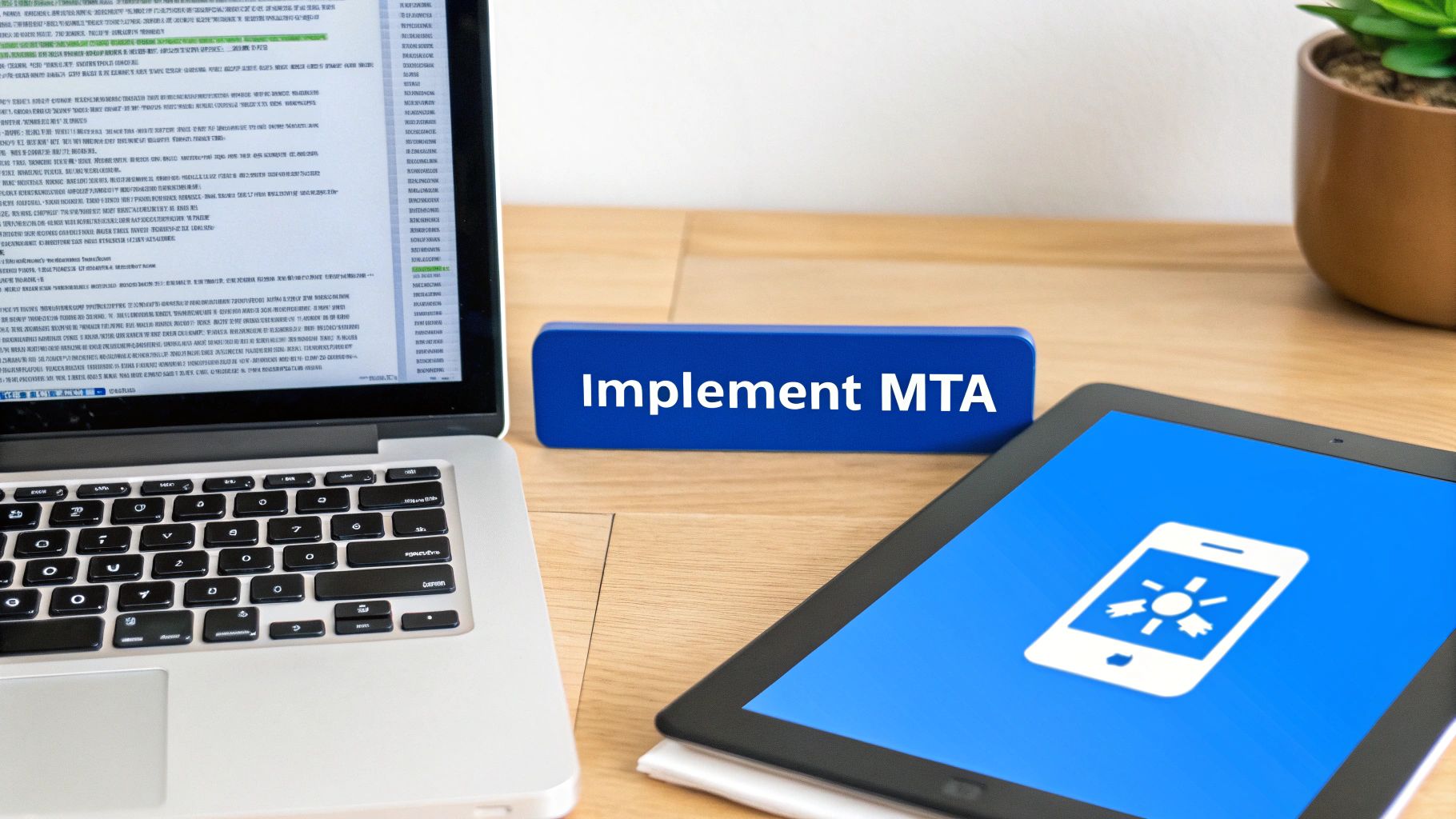 A laptop, a blue block with 'Implement MTA' text, and a tablet on a wooden desk.