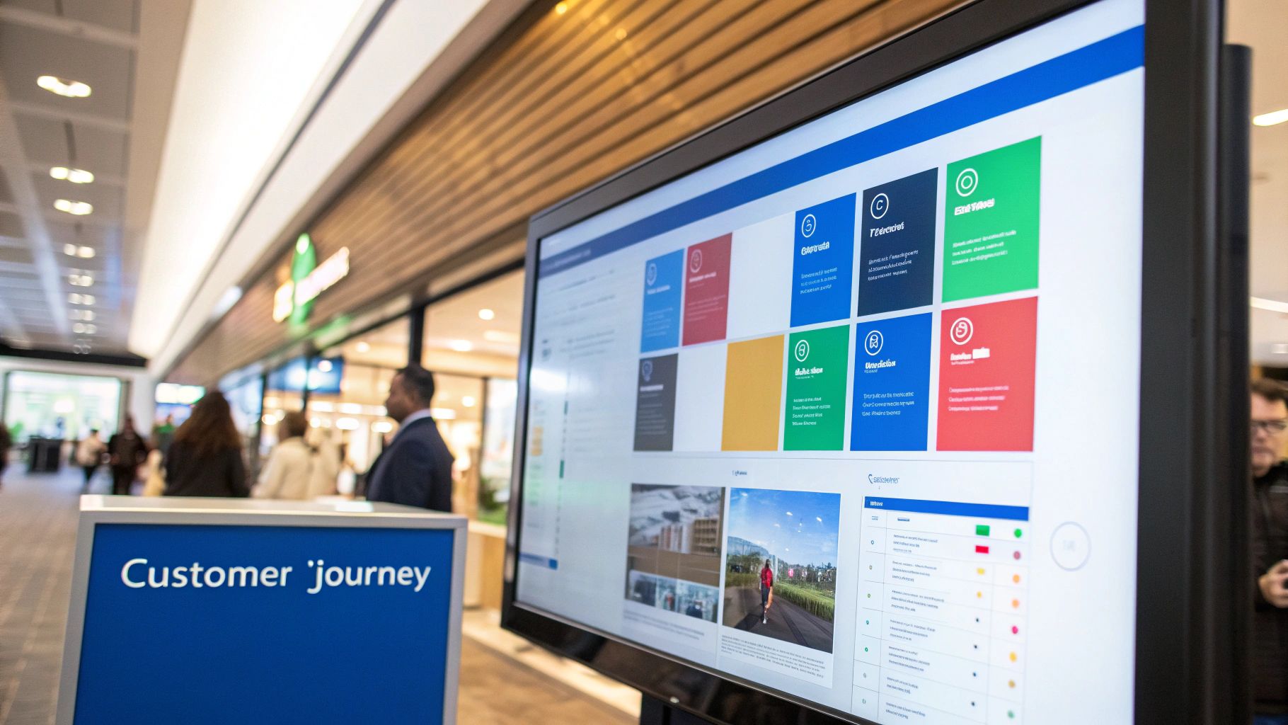 A large screen shows a colorful dashboard interface next to a 'Customer journey' sign in a modern public space.