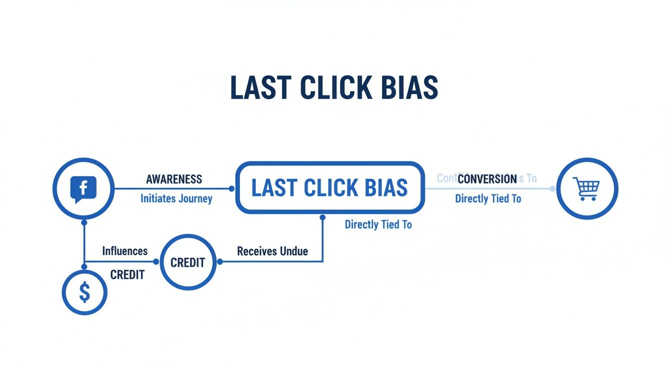 A marketing diagram illustrating Last Click Bias, where final interactions receive undue credit for conversions.