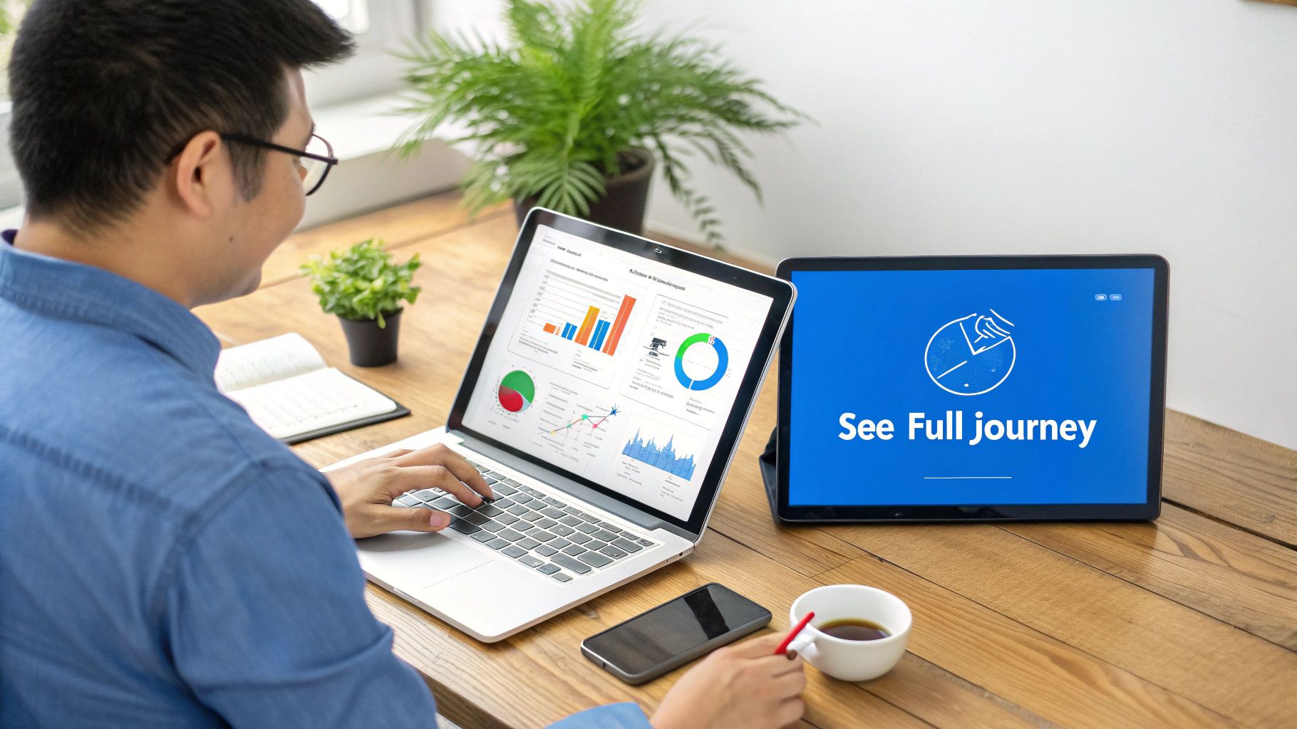 A person at a desk analyzing data on a laptop and a tablet displaying 'See Full Journey'.